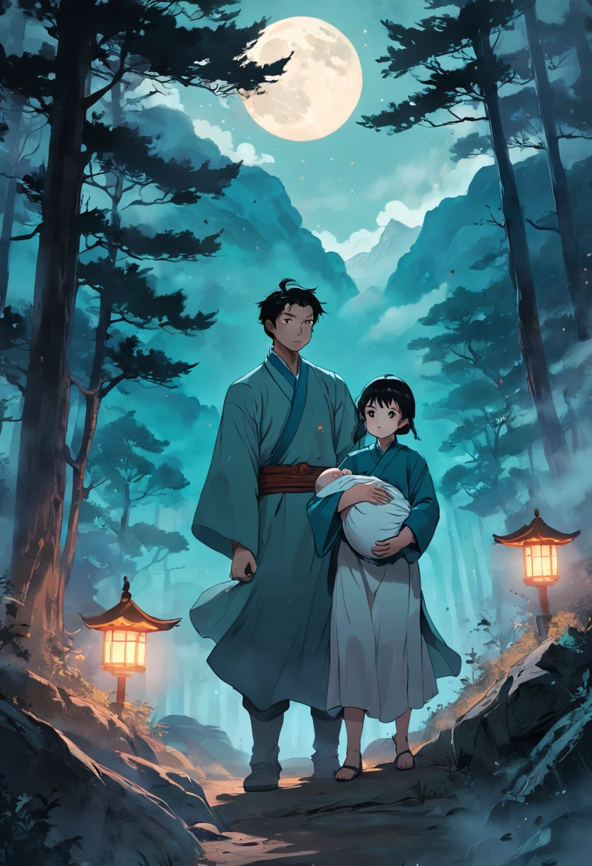 1 Middle-aged man,holding a in her arms, mystical aura, Forest background, Moonlit Night, Swirling mist,surreal atmosphere,Ancient village scene(Chinese folk suspense, horror, supernatural comic style)