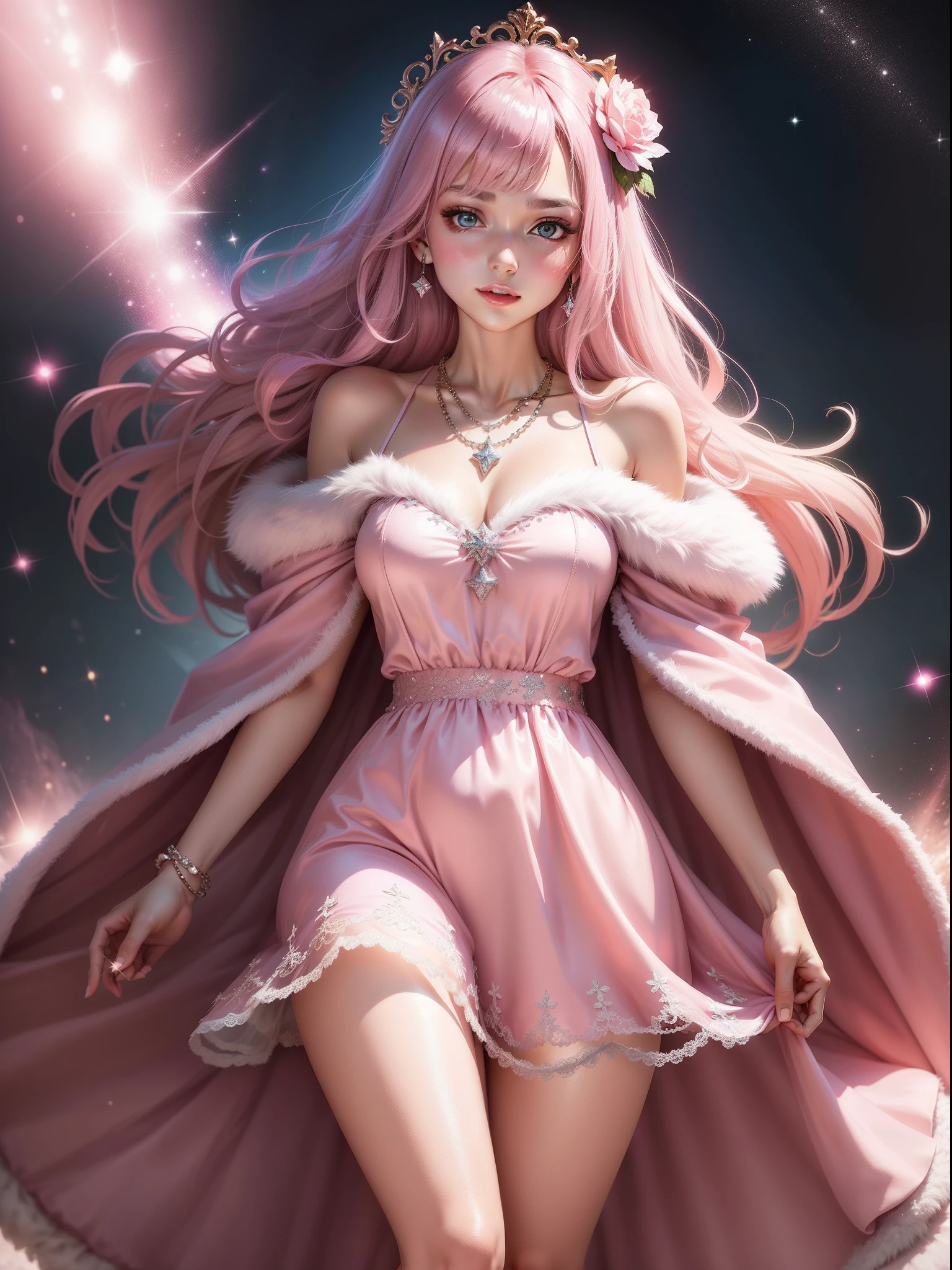 ((Best quality)), 1girl, light pink, glitter night gown, shiny necklace, fur coat