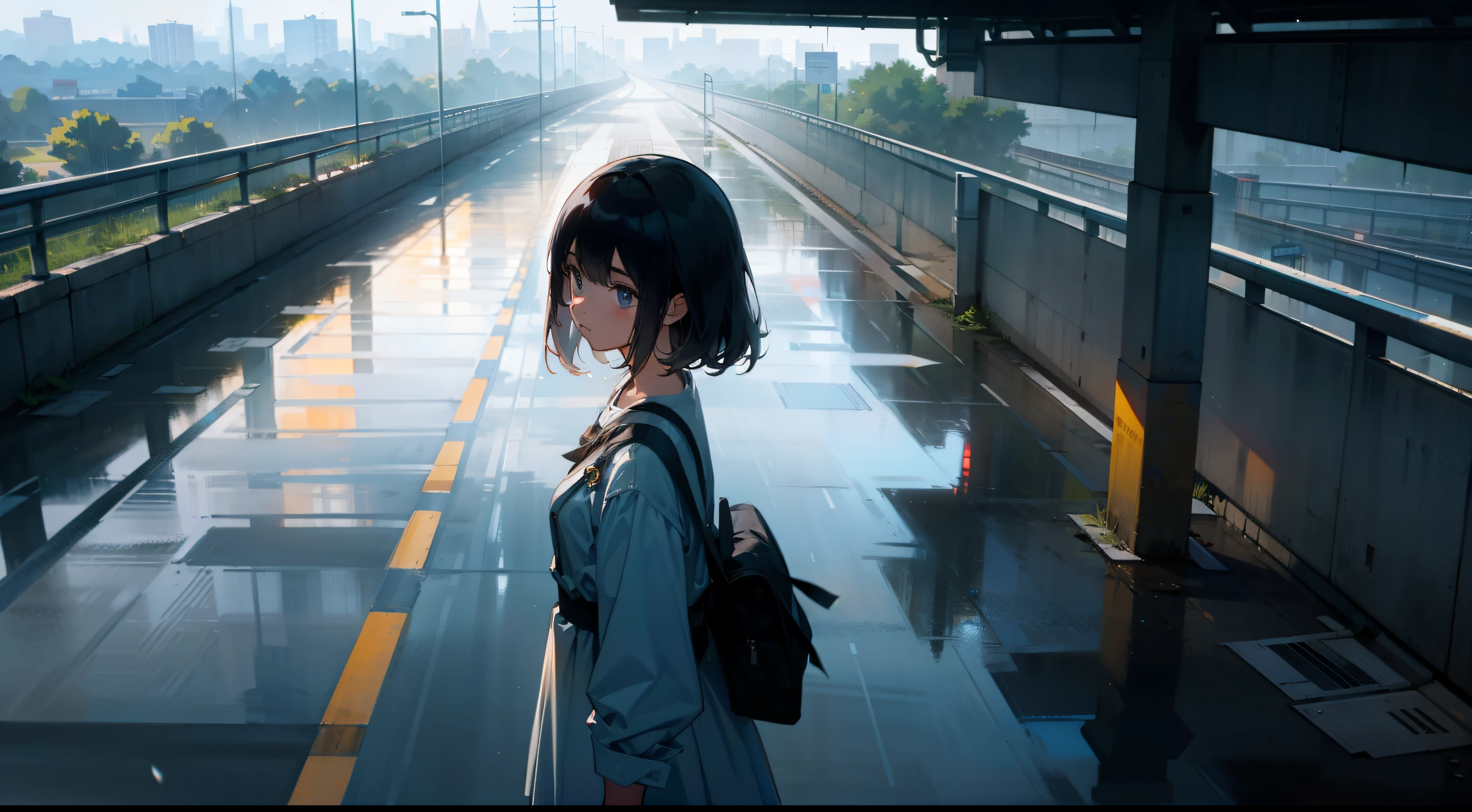 A girl on an overpass on the road,Early in the morning,It had just rained lightly,Clear air,Sunlight and rainwater above the road reflect on the building,The screen view is from top to bottom,The background is cool tones