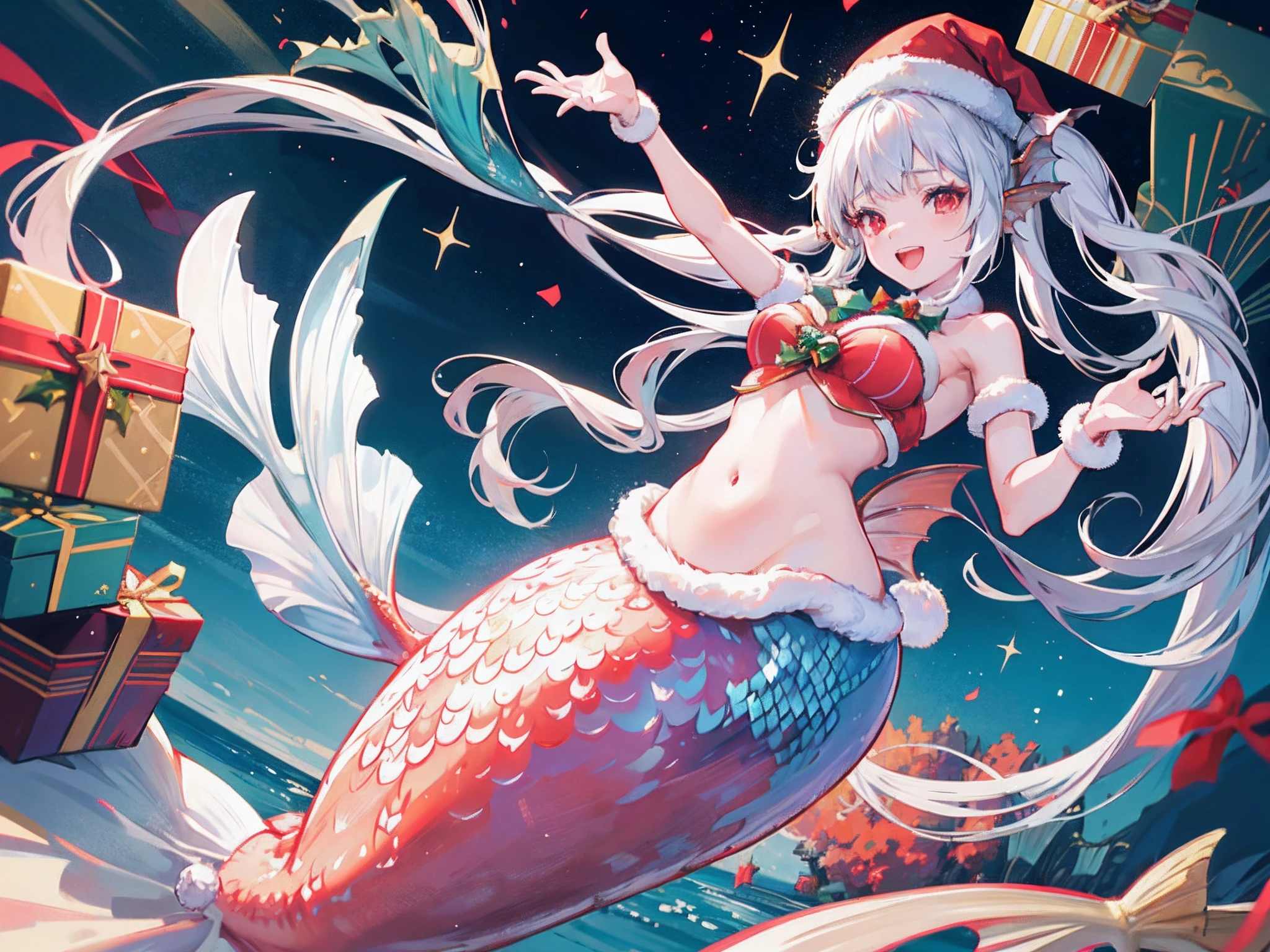 Best Quality, Extremely detailed, Anime, Extremely Cute and Beautiful Face, (extremely detailed eye:1.4), 1girl in, Solo, Laughing, Standing, Dynamic Angle, (mermaid:1.4), (santa costume|bikini of), santa hat, Red Eyes, (Twintail:1.2), White hair, Christmas tree, Christmas, at sea,