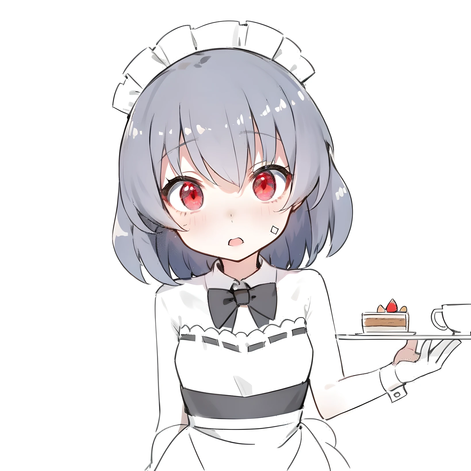 Anime girl holding a tray，There is a cake on it, anime visual of a cute girl, anime girl in a maid costume, anime moe art style, Yandere, Maid outfit, small curvaceous ****, in an anime style, gapmoe Yandere, ( Waitress ) Girl, anime cat girl in a maid costume, **** in dress, maid, wearing maid uniform --auto