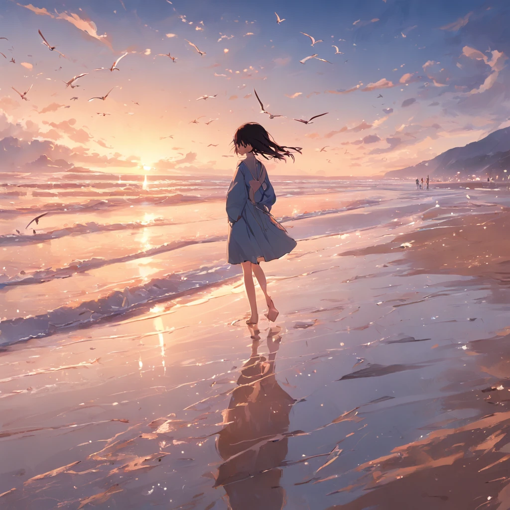sandbeach,evening light,seagulls,the ocean,Girl strolling facing the sea,The tide gradually washed away the footprints left behind(Amazing)(hefty)( reasonable design, Clear lines, High sharpness,Best quality, Very detailed, Masterpiece, movie light effect, 4K )