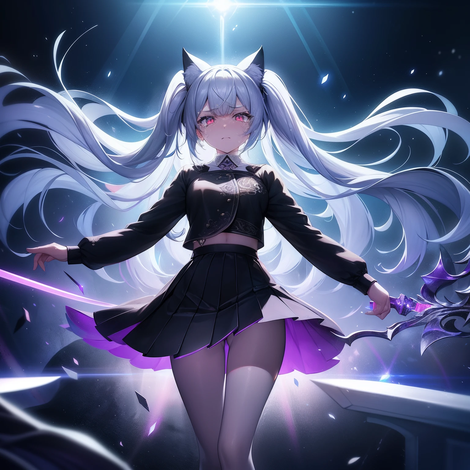 Cat's ears,Hair is silver with long twin tails,Her skin is pale, flat chest, The rainbow blade enveloped me like an interstellar serpent,Unleash the Blade of Light, Highest Quality, girl in black skirt,magic wands, ((sad))((Crying with tears)), Moonlight,Lens Flare, Big rainbow,The moon shines,Star chips, bloom, ((light glow)), chromatic abberation], Digital Painting, Insane details, Intricate details, Beautifully color graded, Unreal Engine, Cinematic , colour grading, Editorial Photography , Photography, Photo Shot, Shot on 70mm lens, depth of fields, degrees of freedom, Tilt Blur, Shutter Speed 1/1000, A