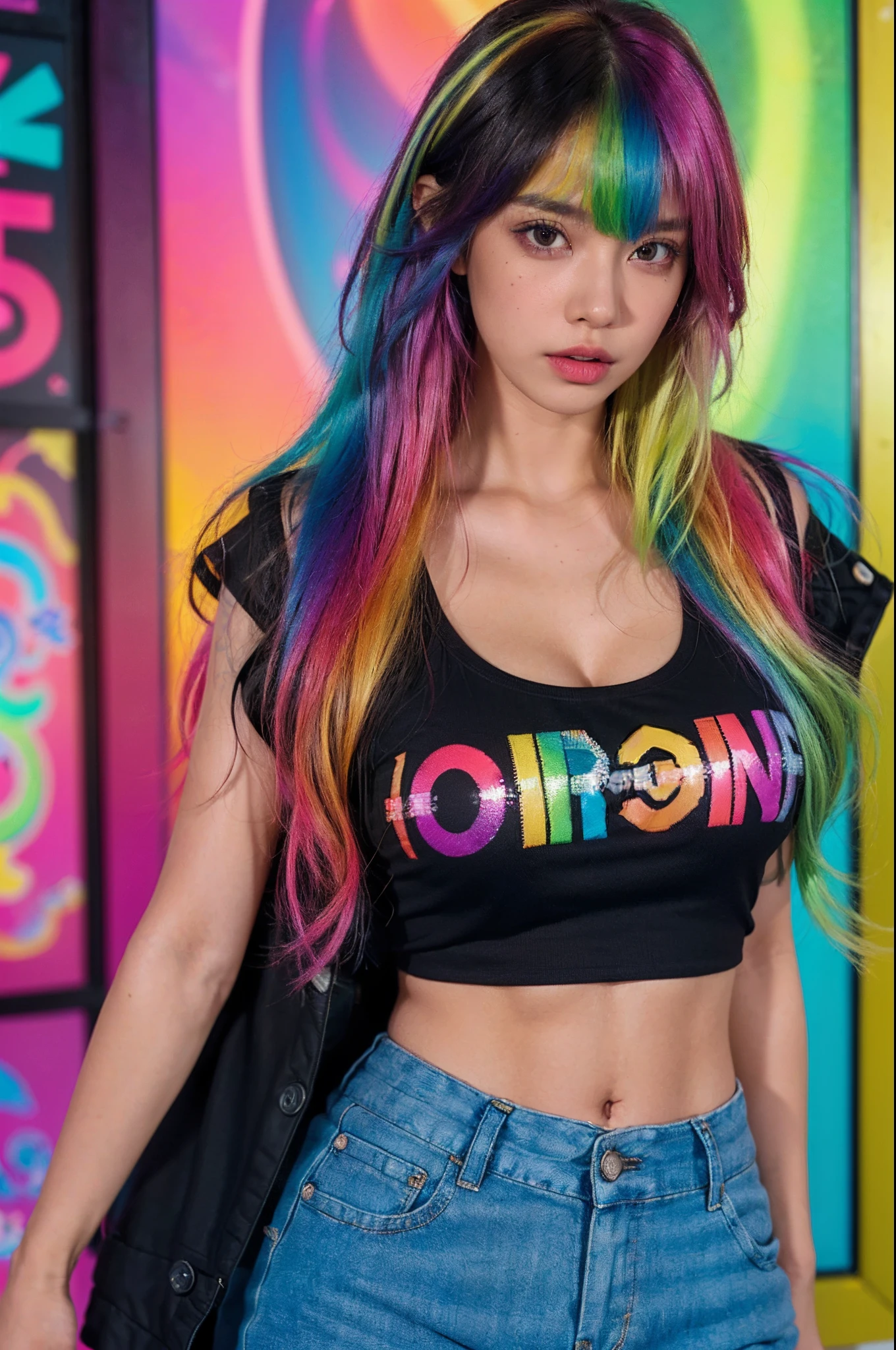 (1girl), huge tit, breasts, tan, Moisturizes skin, rainbow hair color,Black navel vest,long whitr hair, punk tshirt, punk girl