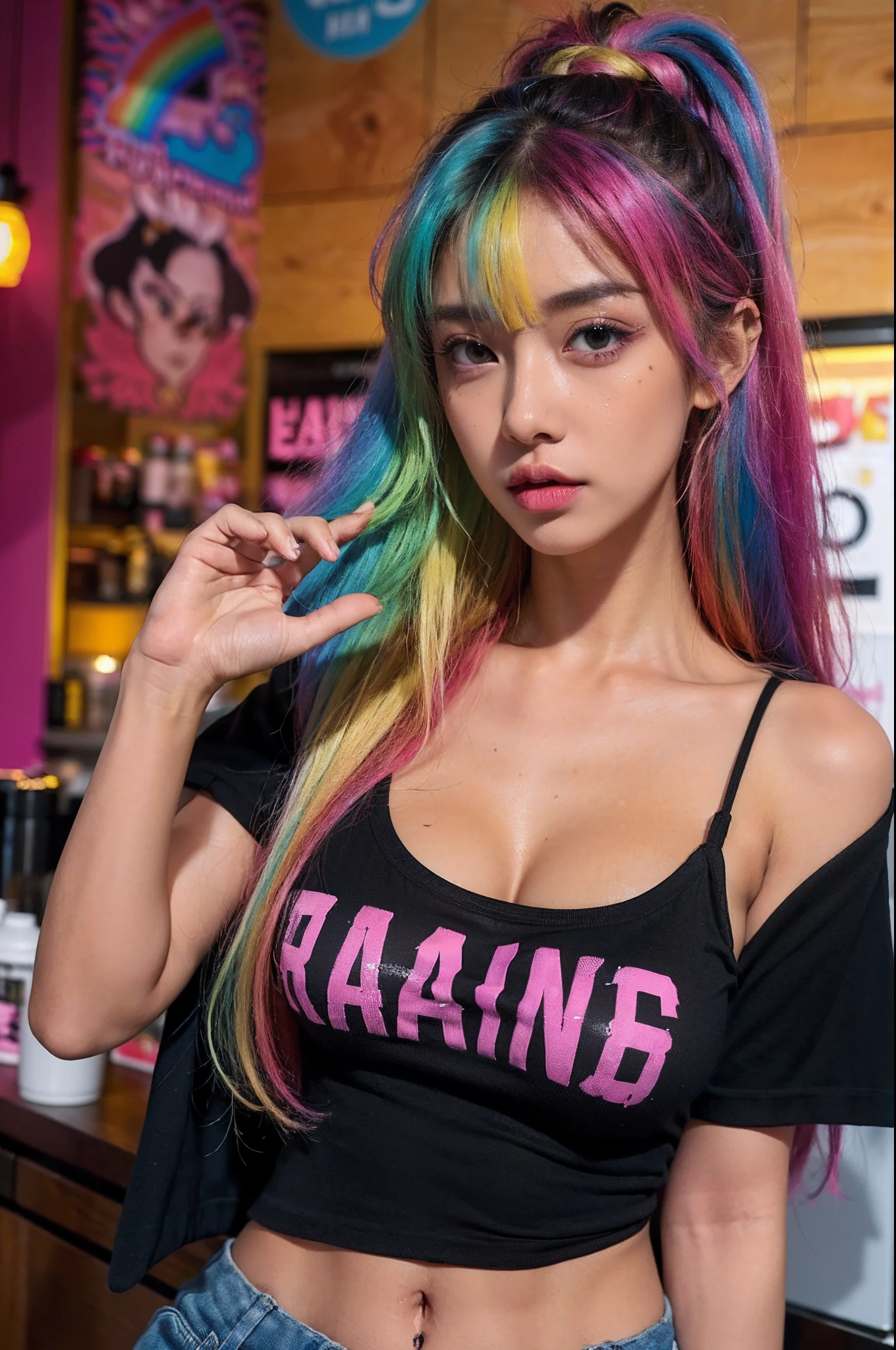 (1girl), huge tit, breasts, tan, Moisturizes skin, rainbow hair color，Black navel vest，long whitr hair, punk tshirt, punk girl