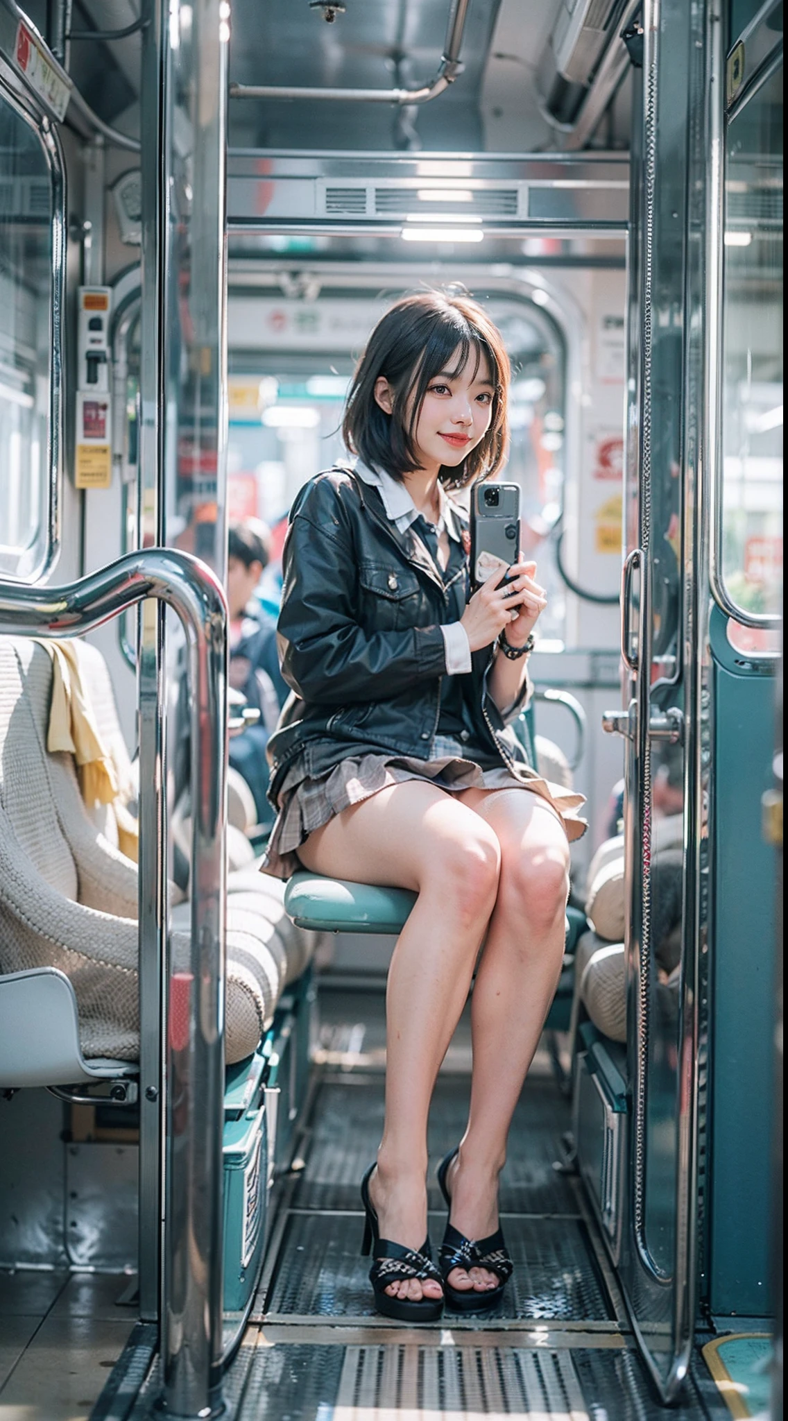 8K, RAW Portrait (Japanese women),masterpiece、PhotoRealistic:1.3、Realistic, Ultra-high resolution, Highest quality, Real Life Photos ,( in the evening :1.1),(((Showing panties:1.4)))、((Visible panties:1.4))、((A girl sitting on a train seat on the Yamanote Line and looking at her smartphone))、((((1 Girl:1.5)))), (((電車内でスカートをたくし上げてShowing panties18歳成人女子:1.4)))、(Cute face:1.3)、Japanの1 Girl,((Japan'Most popular female employees))、((Navy blue checkered uniform skirt and light blue short-sleeved blouse))、((Japanese High School Uniform:1.6))、Black short bob hair、(Written boundary depth:1.3)、 ((Dark brown eyes:1.2))、(Real skin texture:1.3)、(Immersive atmosphere:0.8、Chiaroscuro:1.2) 、(Look Viewer:1.3)、((Expressionless:1.3))、((Red cheeks:1.1))、((She is so small, Realistic, Colorful panties made of lace.))、((Showing panties:1.4))、((A woman rolling up her skirt))、((Emphasize panties))、The cutest girl in the world、((Spread your legs out to the side:1.4))、Detailed panties pattern、Panty Focus、