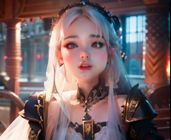 Highly detailed CG Unity 8K wallpapers、top-quality、ultra - detailed、tmasterpiece、hentail realism、Photorealsitic、extremely detailed cute girl、(25 age old)、Red blush、roundly eyes、Semi-body shot、white wedding gown、veils、armpit focus