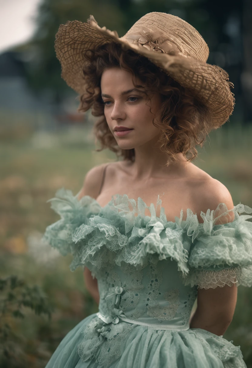 {8K}, {Ultra High Resolution},tmasterpiece, Best quality at best, 1girl, Solo, sexyposture, pensive woman, {[green | blue]} voluminous dress, intricate lace, Embroidered gloves, feathered hat, Curly hairstyle, paleskin, minimal makeup, gently smiling, dainty neckline, nostalgic ambiance, still-life,Polaroid, film camera