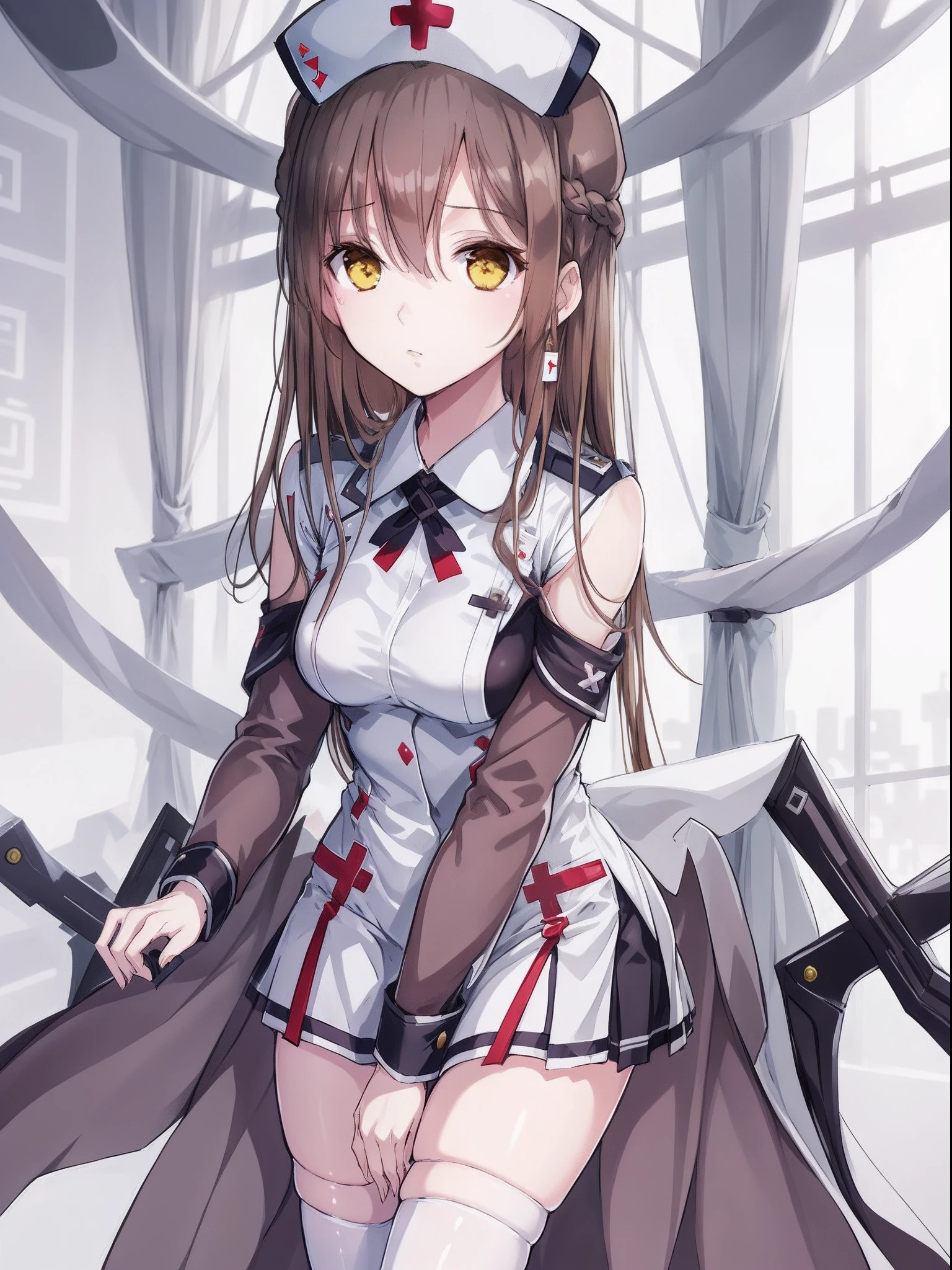 ((Manteau blanc, Nurse Cap))
1girl in, 独奏, thighs thighs thighs thighs, brown haired, length hair, yellow  eyes,