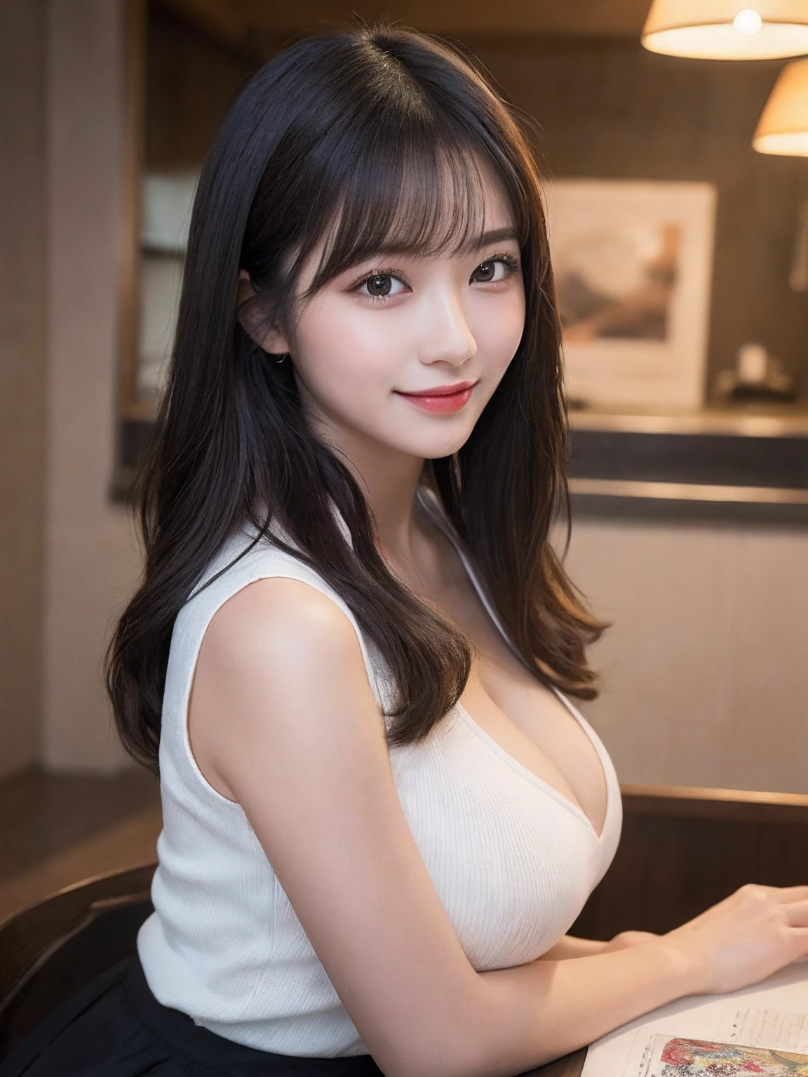 Best Quality、Illustration、 ultra-detailliert、hight resolution、8K Wallpapers、Perfect dynamic composition,、Beautiful detailed eyes、Natural Color Lip、Bold sexy poses、Smile、、20 years girl、Cute、Sexy shot looking at camera、(top-quality: 1.3), (masterpiece: 1.3), (Super Detail: 1.3), (wall-paper, one girls: 1.1), (Detailed hands and fingers:1.2)、(Detailed ultra-oily shiny skin:1.1)、oily shiny thighhigh、(Beautiful Large Breasts:1.3)、Black hair、Longhaire、Beautiful sister、fortune teller
