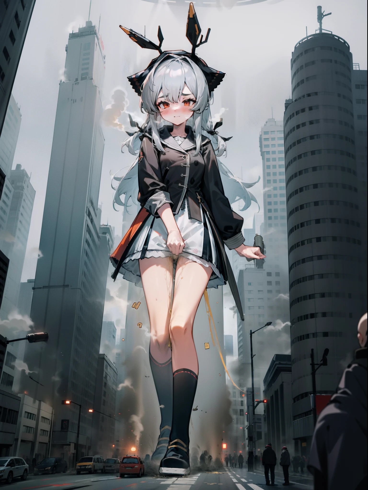 1girll,diaper,pissing,Be red in the face,Comfortable expression,Squat,urine squirting,{{{Giantess}}},A giantess,Girl with a height of 1000 meters,1girll,modern miniature city,The city was trampled by her,Squat in a modern miniature city ,Pee vigorously,Urine emits steam,White pile socks,crowd of,Fleeing crowds,