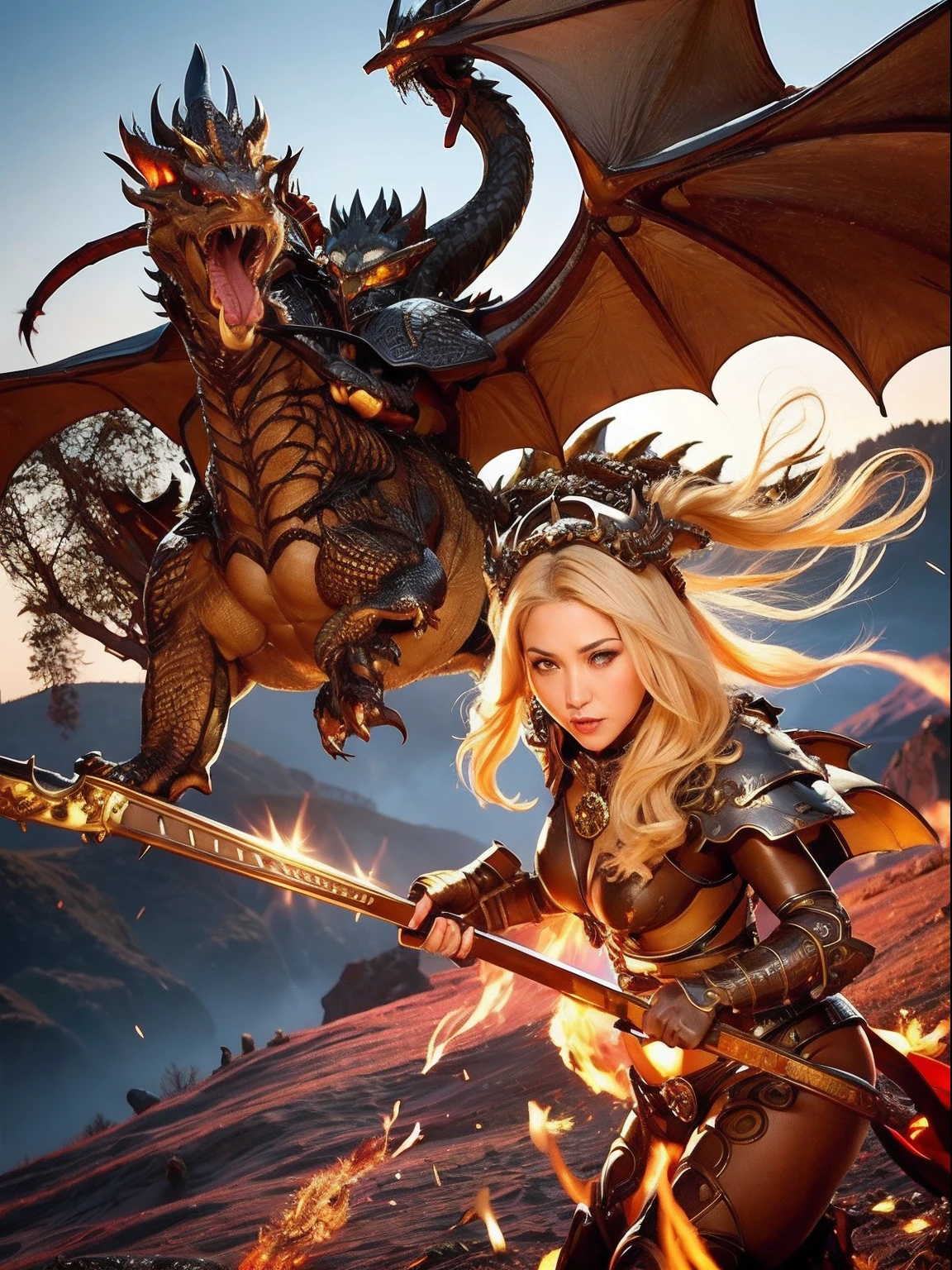 Professional , masterpiece、top-quality、photos realistic , depth of fields 、(Dragon Black Metal Body:1.9),(Mattretto、(cleavage of the breast)、Dragon Gold Weapon、(Micro Bikini Armor:1.4),Gorgeous gold weapons ,Particles of light、Particles of light、(( Dragon's dense and gorgeous sword)) , (demonic wings)、((a blond))、(Castle background)、Fight dragons、((Gangle's forest background))、Take intense poses、Beautiful Caucasian beauty、1a person、dynamic ungle,(((Detailed and ornate dragon helmet)))、Smaller head、A smile、Castle background、Thin and beautiful female hands、cleavage of the breast、Soldier in iron armor on background、Mystical expression、Light Effects、intense fighting、Wind-effect、magic circles、With the legendary magic wand、Dragon's tail、explosions、