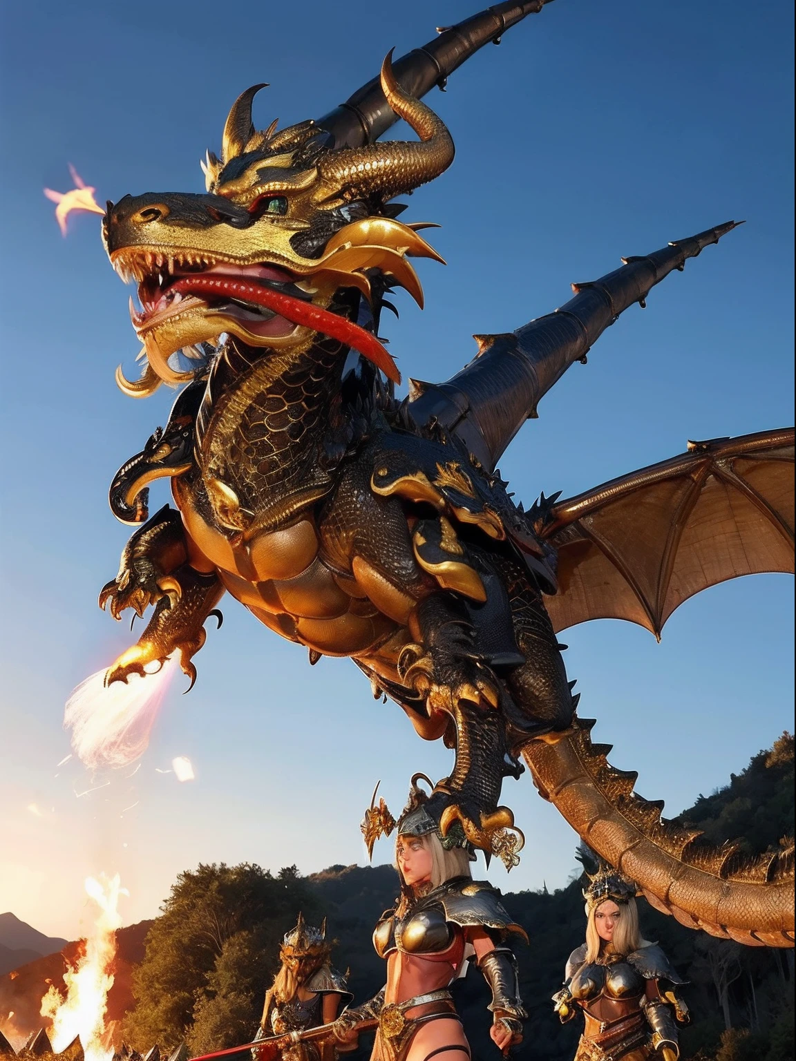 Professional , masterpiece、top-quality、photos realistic , depth of fields 、(Dragon Black Metal Body:1.9),(Mattretto、(cleavage of the breast)、Dragon Gold Weapon、(Micro Bikini Armor:1.4),Gorgeous gold weapons ,Particles of light、Particles of light、(( Dragon's dense and gorgeous sword)) , (demonic wings)、((a blond))、(Castle background)、Fight dragons、((Gangle's forest background))、Take intense poses、Beautiful Caucasian beauty、1a person、dynamic ungle,(((Detailed and ornate dragon helmet)))、Smaller head、A smile、Castle background、Thin and beautiful female hands、cleavage of the breast、Soldier in iron armor on background、Mystical expression、Light Effects、intense fighting、Wind-effect、magic circles、With the legendary magic wand、Dragon's tail、explosions、