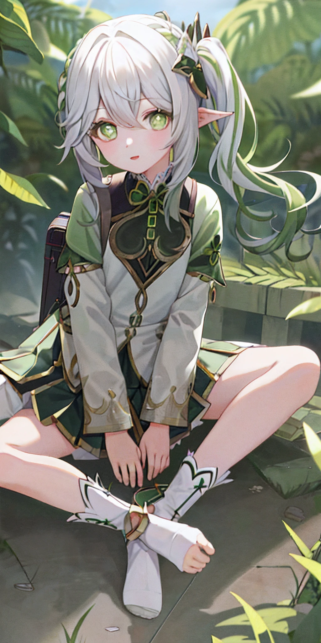 tmasterpiece,best qualityer,1girll,Solo,Nahida_Genshin,Chinese students,((Chinese school uniform)),Green eyes,More details about the eyes,((bookbag)),Female Student,Hair is whiter,Green hair,kawa