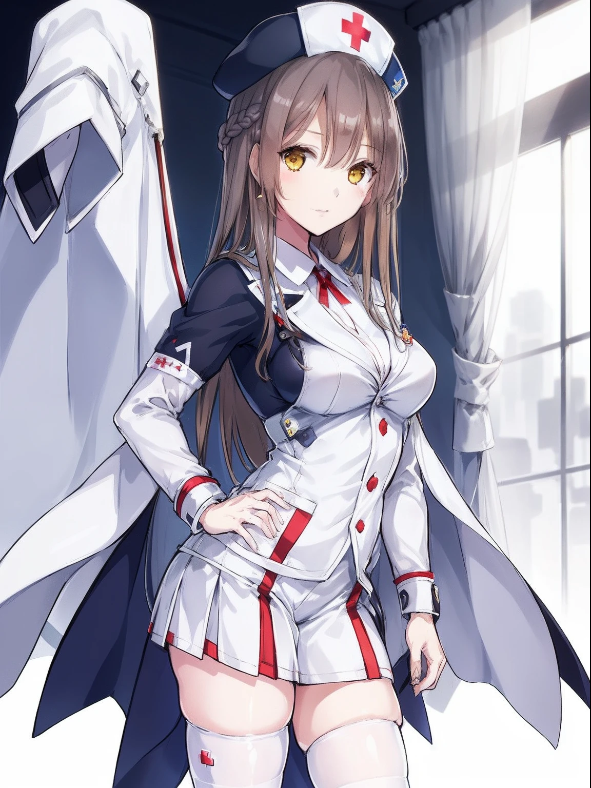 ((Manteau blanc, Nurse Cap))
((1girl in)), 独奏, thighs thighs thighs thighs, brown haired, length hair, yellow  eyes,