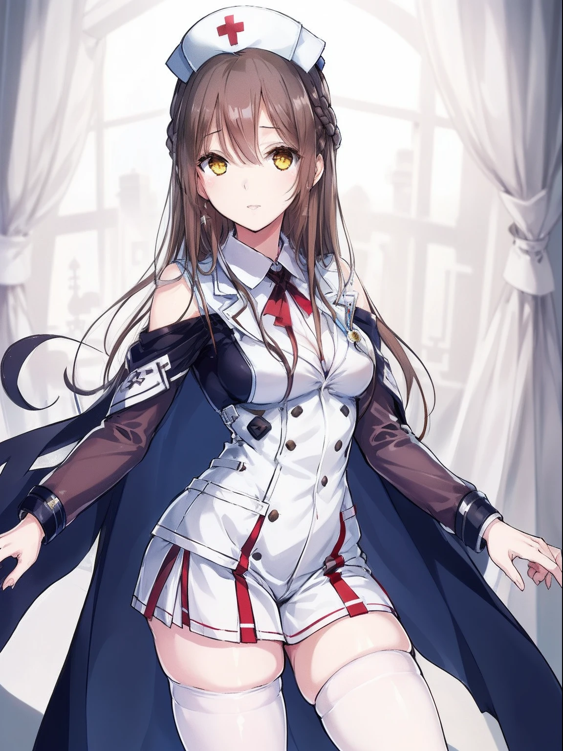 ((Manteau blanc, Nurse Cap))
((1girl in)), 独奏, thighs thighs thighs thighs, brown haired, length hair, yellow  eyes,