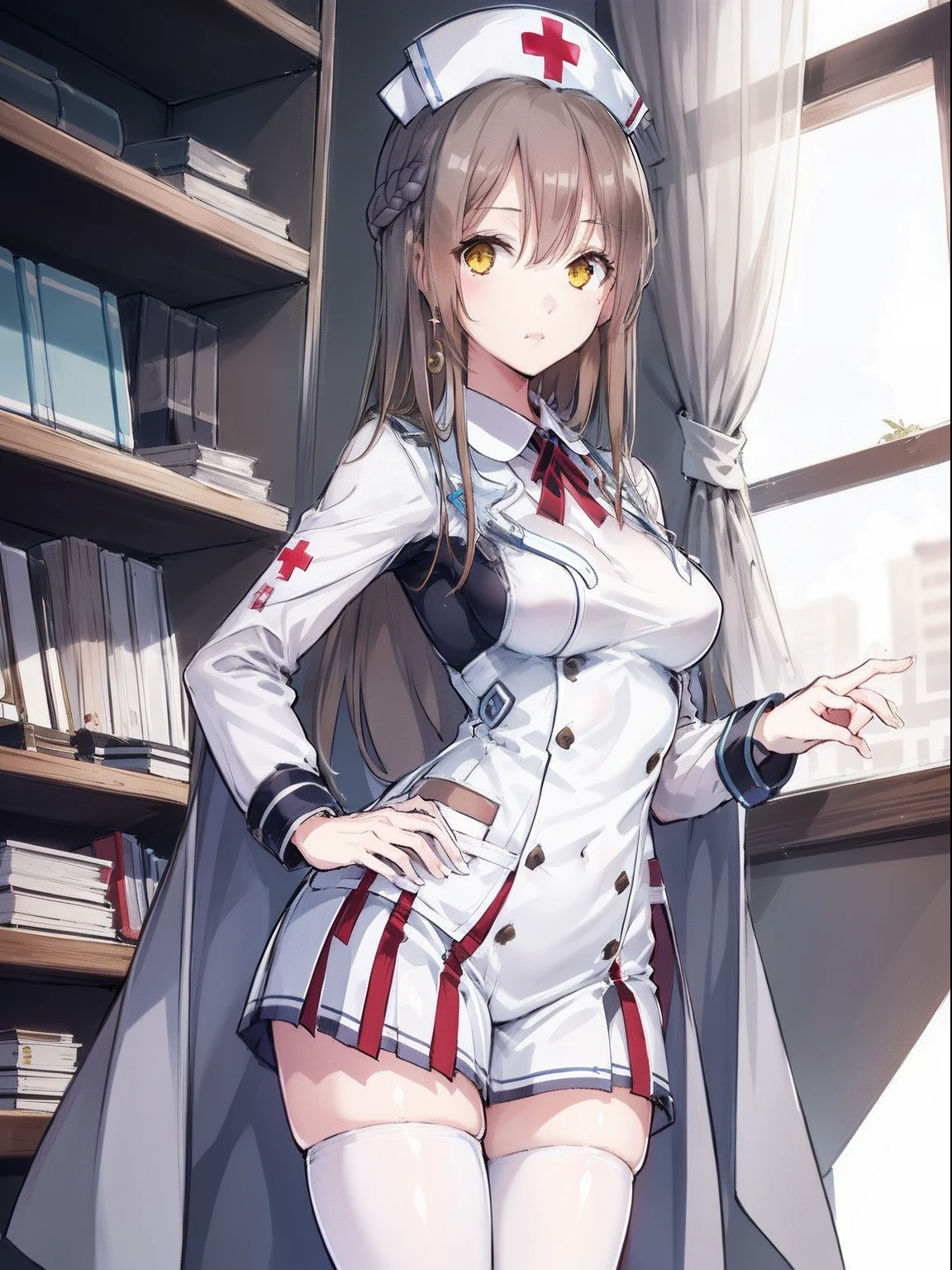 ((Manteau blanc, Nurse Cap))
((1girl in)), 独奏, thighs thighs thighs thighs, brown haired, length hair, yellow  eyes,