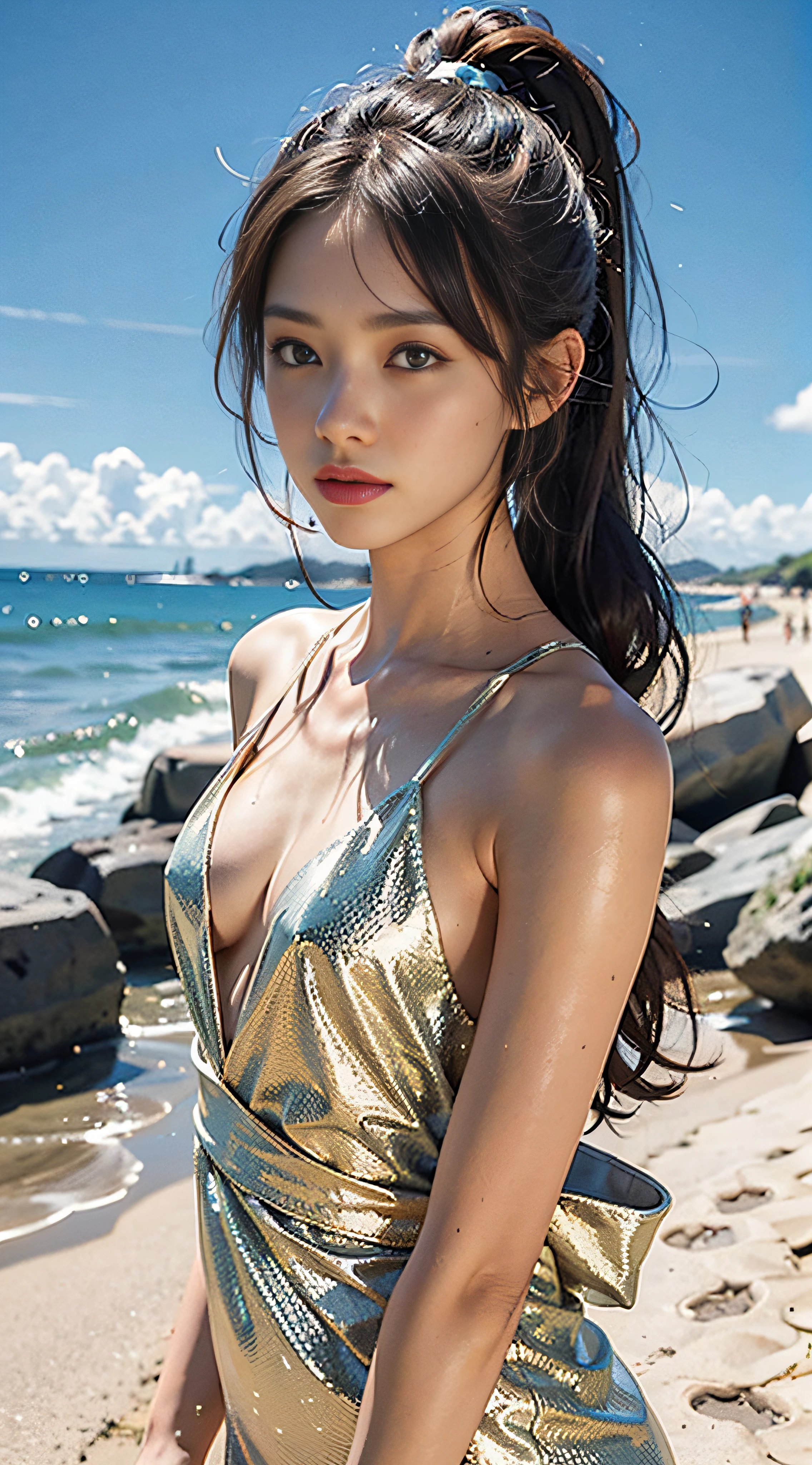 Everyone is captivated, you are the perfect and ultimate idol, you don't appear in the golden ring, everyone will be captivated by him, 20-year-old very cute female idol, looking at the fantastic starry sky on a quiet beach that is not popular, wearing an elegant silk dress, light brown hair with a ponytail, perfect body shape with 9 heads, perfect body line, slim figure, small beautiful pointed chest, beautiful chest ridge, RAW Shots, Photorealistic Textures, Portrait Shots, Overall Cohesive Photos, Skin Realistic Textures, High Quality, High Detail, Best Quality, High Resolution, 8K, Realistic, Ray Tracing, f/4.0, Canon