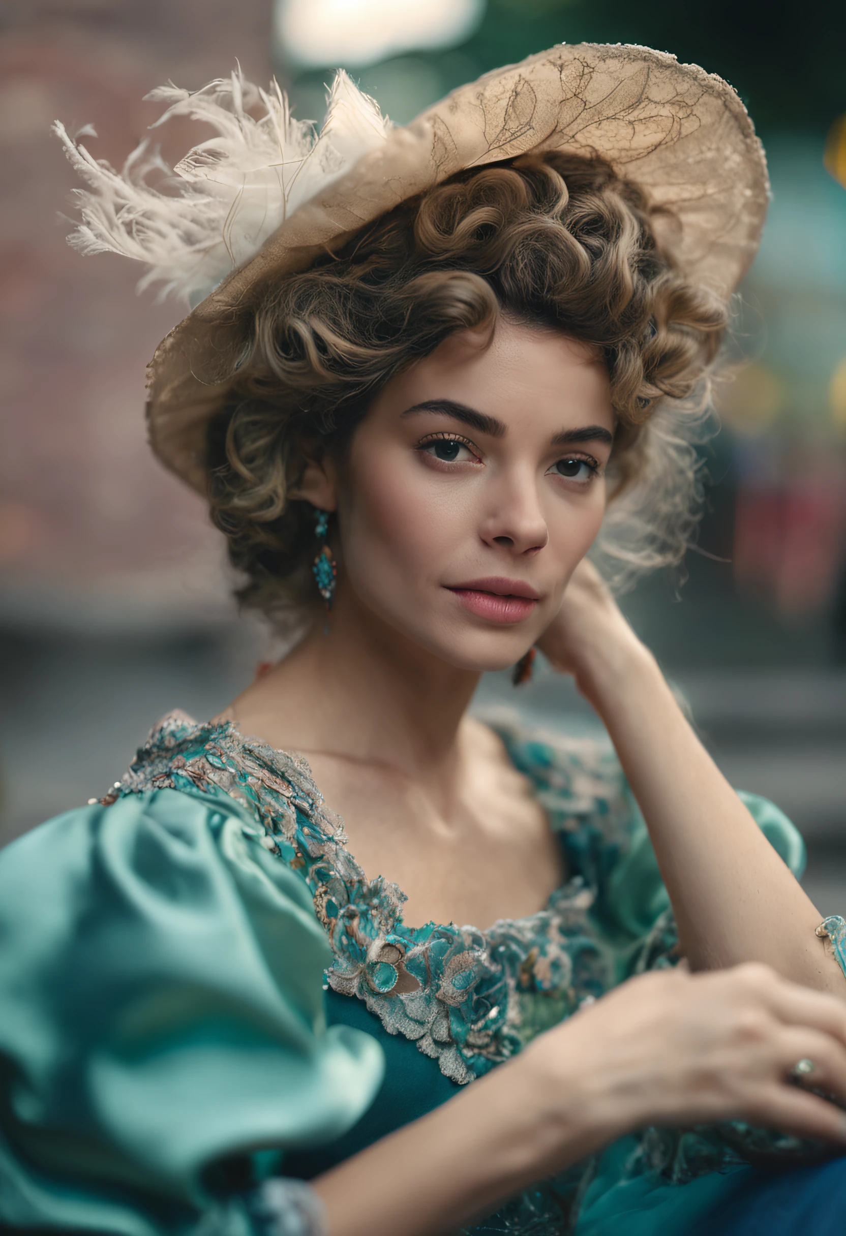 {8K}, {Ultra High Resolution},tmasterpiece, Best quality at best, 1girl, Solo, sexyposture, pensive woman, {[green | blue]} voluminous dress, intricate lace, Embroidered gloves, feathered hat, Curly hairstyle, paleskin, minimal makeup, gently smiling, dainty neckline, nostalgic ambiance, still-life,Polaroid, film camera