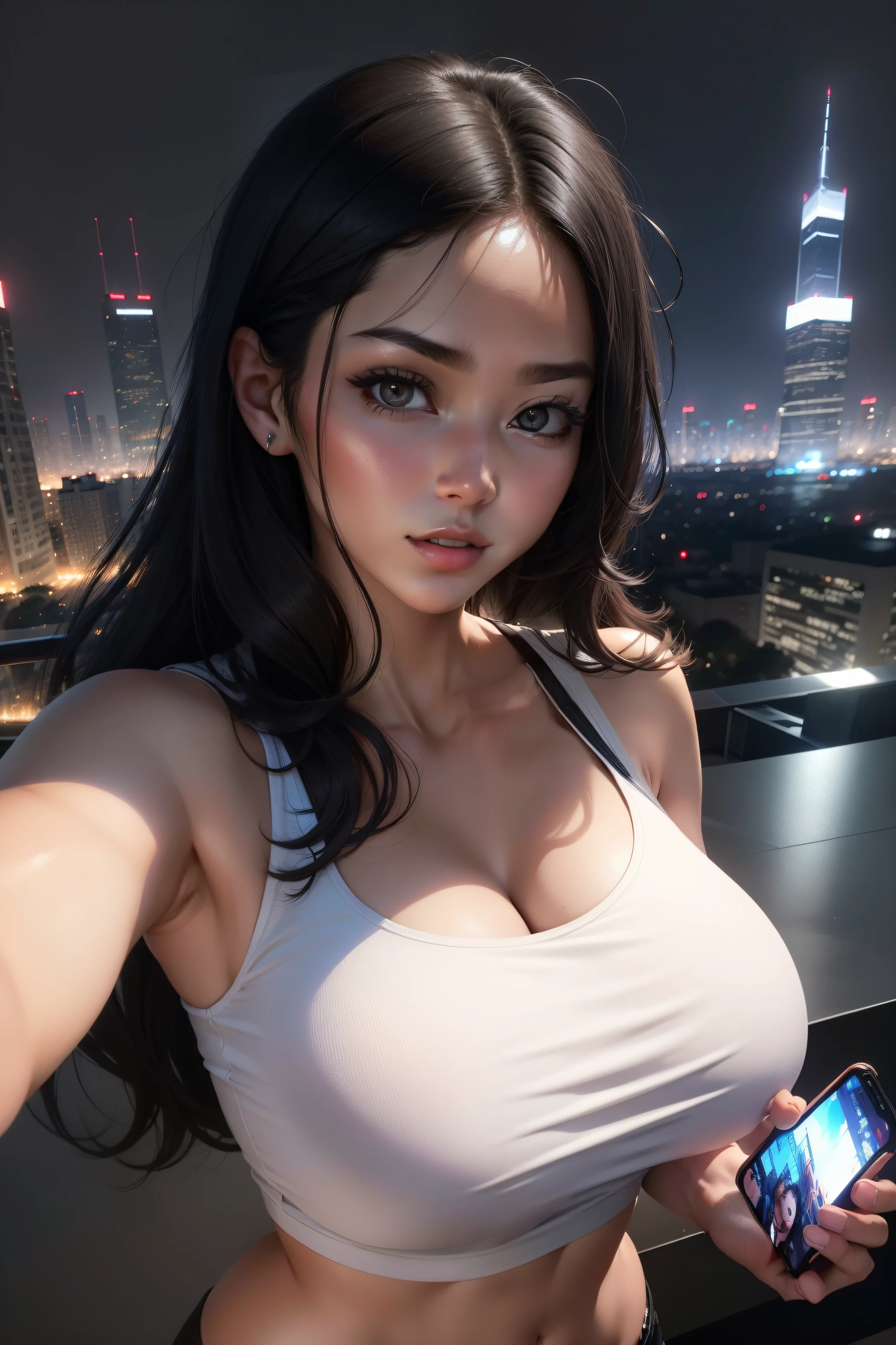 high-level image quality，Live action，realisitic，Beautiful woman taking selfie using mobile phone，Upper body only，wearing white tunk top，Colossal tits，Beautiful black hair，２０generation，skyscrapers in the background，nighttime scene