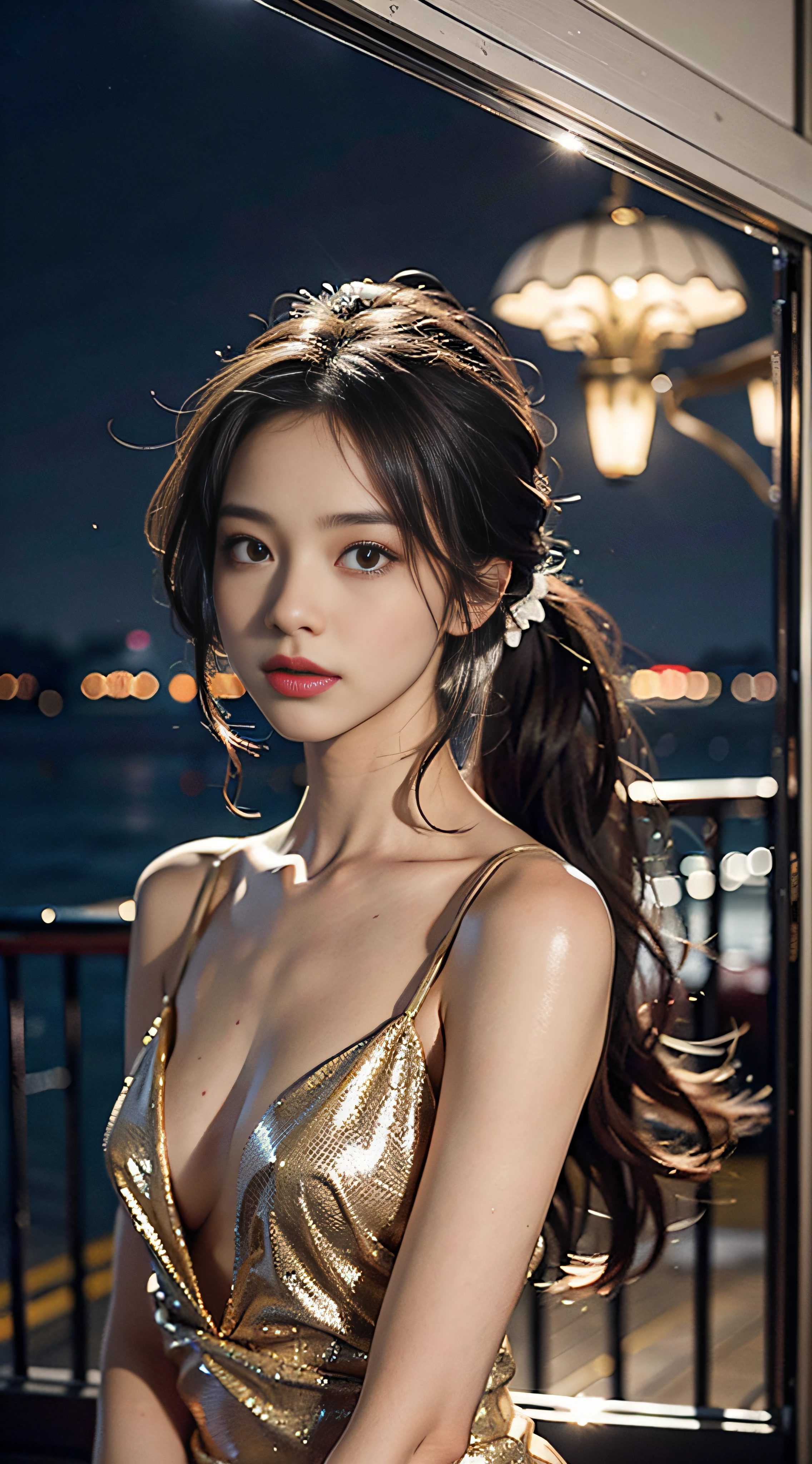 Everyone is captivated, you are the perfect and ultimate idol, you don't appear at the golden ring, everyone will be captivated by him, 20-year-old very cute female idol, looking at the starry sky on the empty beach, fantastic starry sky and sea, wearing an elegant silk dress, light brown hair with a ponytail, perfect body shape with 9 heads, perfect body line, slim figure, small beautiful pointed chest, beautiful chest bumps, RAW Shots, Photorealistic Textures, Portrait Shots, Overall Cohesive Photos, Skin Realistic Textures, High Quality, High Detail, Best Quality, High Resolution, 8K, Realistic, Ray Tracing, f/4.0, Canon