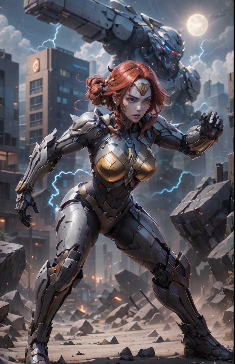 (best quality)), ((masterpiece)), (very detailed: 1.3), ..3d, Beautiful Cyberpunk Woman, Wonder Woman Cosplay, Red Armor, Golden Yellow, Sci-Fi Tech, HDR (High Dynamic Range) ), ray tracing, NVIDIA RTX, super resolution, unreal 5, Subsurface Scattering, PBR Texture, Post Processing, Anisotropic Filtering, Depth of Field, Maximum Sharpness and Sharpness, Multilayer Texture, Specular and Albedo Mapping, Surface Shading, simulation of precise interactions between light and material, Perfect Proportions, Octane Rendering, Duotone Lighting, Low ISO, White Balance, Rule of Thirds, Wide Aperture, RAW 8K, High Efficiency Subpixels, Subpixel Convolution, Luminous Particles, Light Scattering , Tyndall effect, very sexy in a bikini, full body, Battle pose, standing, red hair with braids, lightning in the night sky, full moon,