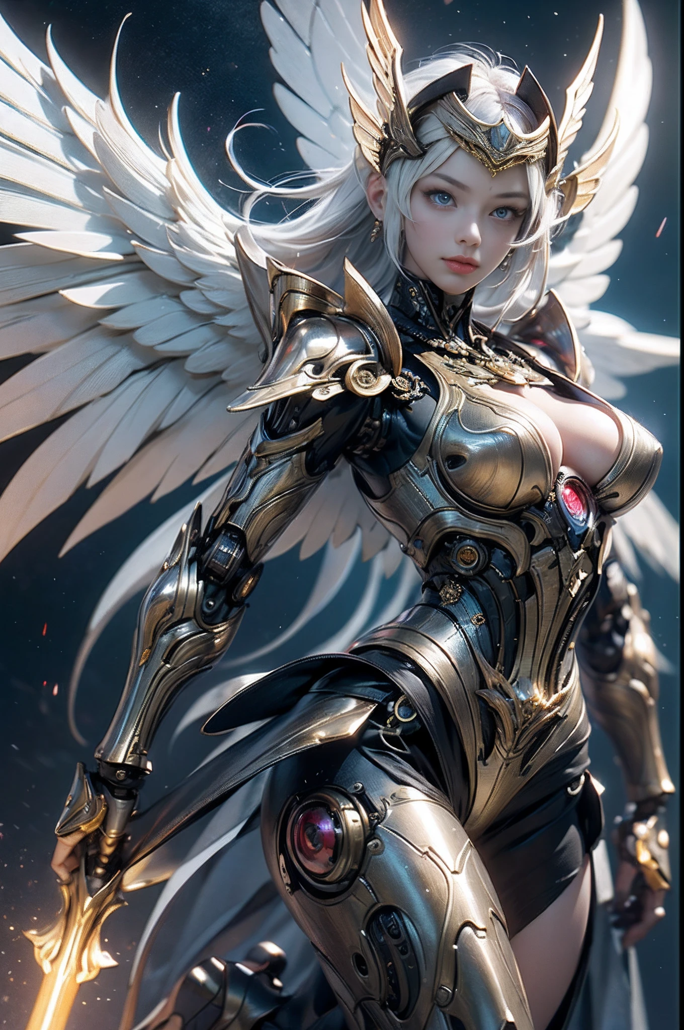 top-quality、​masterpiece、超A high resolution、(Photorealsitic:1.4)、Raw photo、Steampunk Cyborg Angel、large wings made of metal、White porcelain body、Acrylic Clear Cover、white  hair、glowy skin、1 steampunk girl、((super realistic details))、portlate、globalillumination、Shadow、octan render、8K、ultrasharp、character edge light,Colossal tits、Raw skin is exposed in cleavage、Details of complex ornaments、Sumerian details、Hydraulic cylinder、Small LED lamp、highly intricate detail、Realistic light、a purple eye、radiant eyes、Facing the camera、neon details、cowboy  shot、Futuristic headgear、(Air Fortress)、(Metal wings:1.4)、(Robot Armor:1.4)、(Booster Engine)、(full body Esbian:1.6)、(Floating in the air:1.6)、(dynamic motion:1.2)、(Carry a huge rifle on your back)、