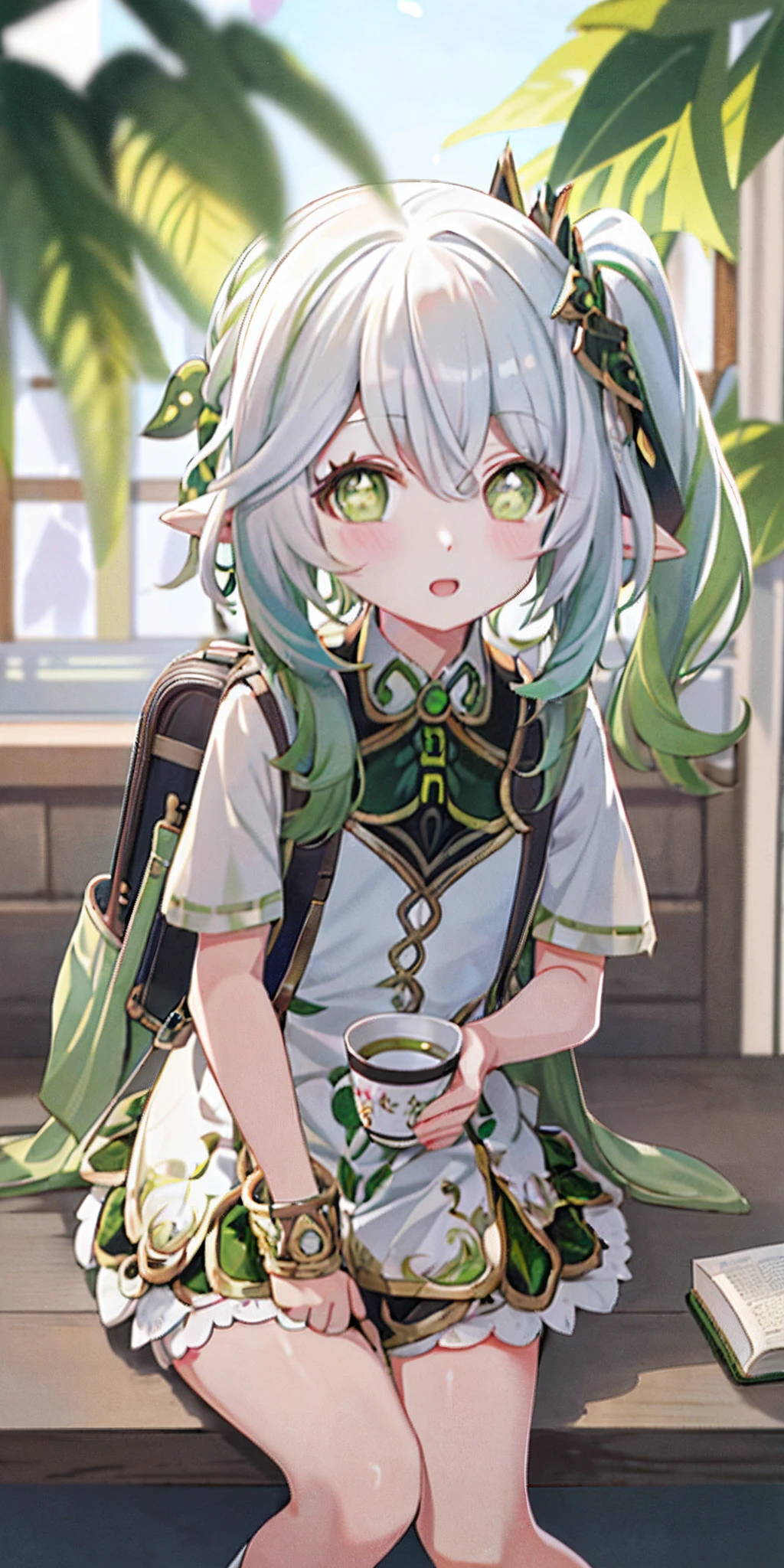 tmasterpiece，best qualityer，1girll，Solo，Nahida_Genshin，Chinese students，（（Chinese school uniform）），Green eyes，More details about the eyes，（（bookbag）），Female Student，Hair is whiter，Green hair，mark cup