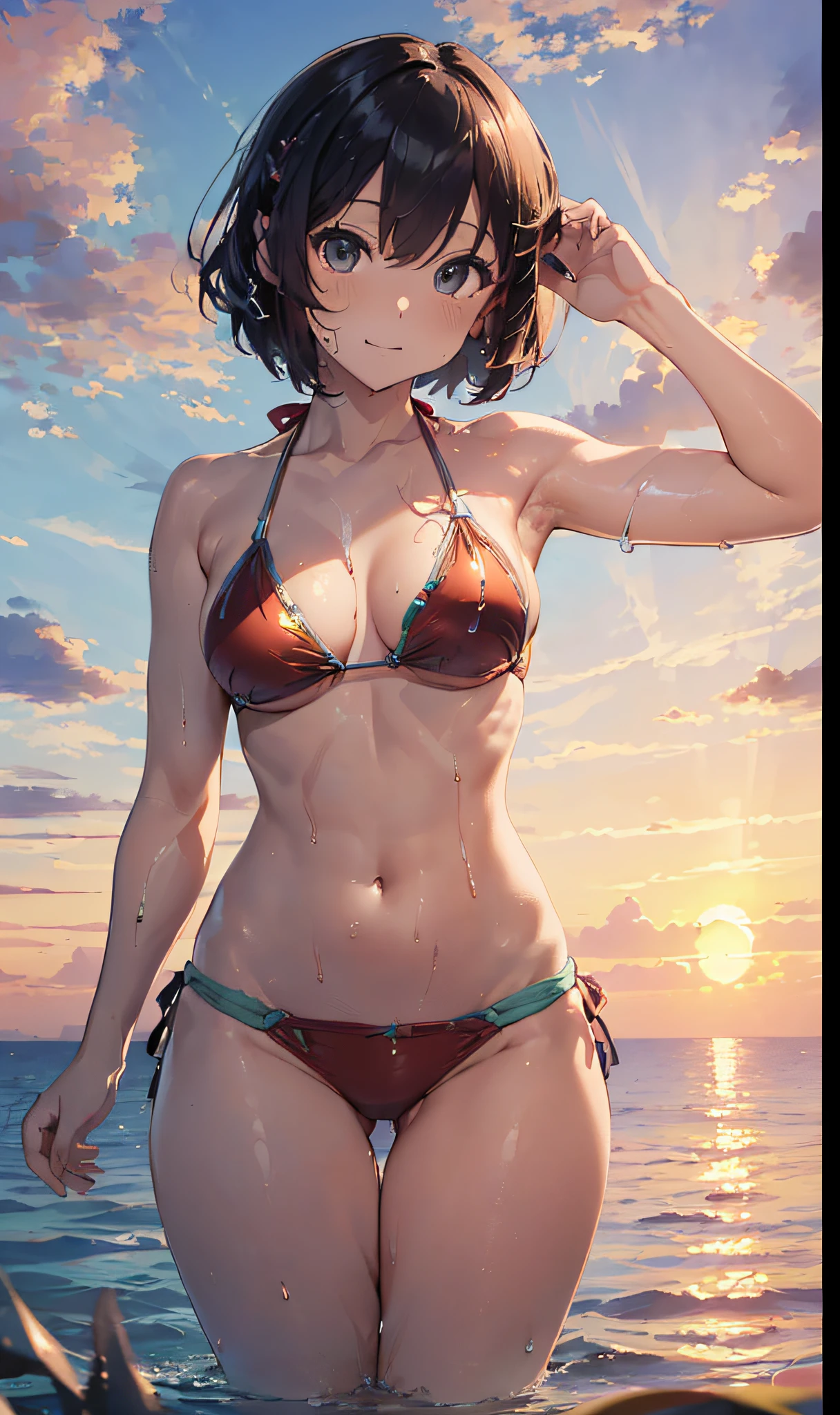 (Master masterpiece、The ultra -The high-definition、extremely fine and beautiful、Ultra-high power of 8 kilometers:2)、(Girl getting wet:1.4)、(looking at another:2)、(Clarity Metallic Deep Red Bikini:2)、(Transparent skin:1.6)、(short tail hair:1.8)、(Beautiful eyes:1.8)、、(Nominal body type)、(Glamorous:1.4)、(musculature:1.4)、(Thin thighs:1.6）、(Thin leg:1.6)、(A smile)、perfectly proportions，Correct anatomy、Good anatomy、(Sunset clouds:1.6)、(Dynamic Angle:1.6)、(sexypose:1.8)、（early evening:1.4）、(Evening sea:1.6)