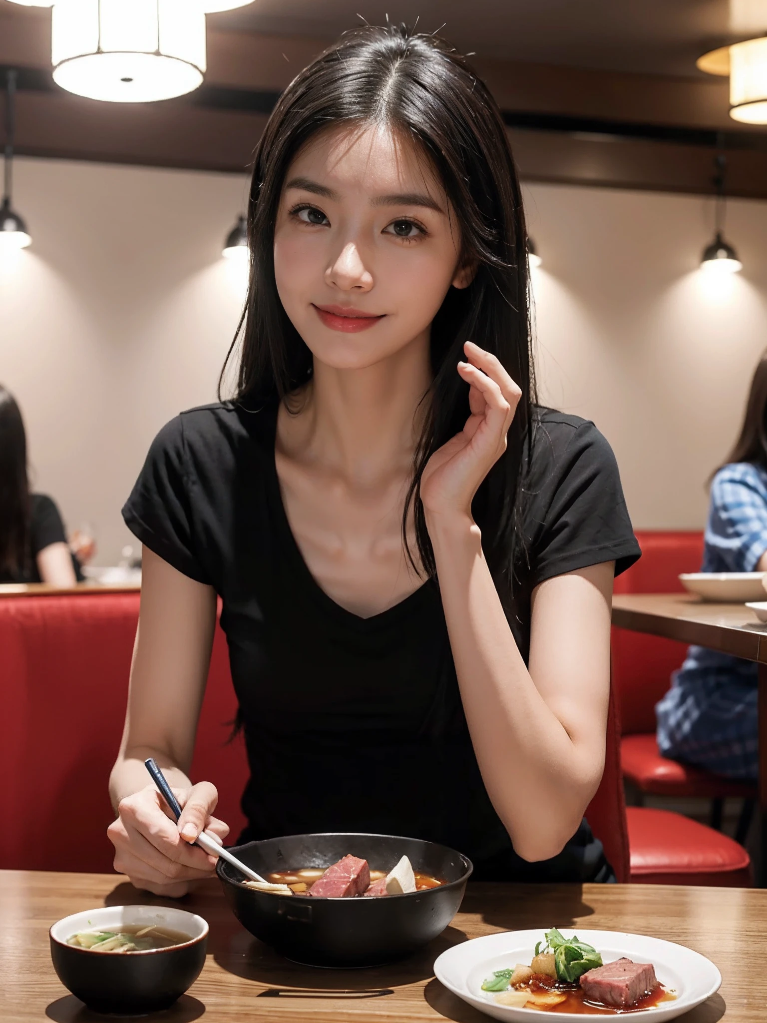 ((smallunderboob,Tomboyish,small heads)), (Well-defined abs: 1.1), (perfect bodies: 1.1), (short-length straighthair: 1.2), Black hair, upper body photos, attractive collarbone，（极其细致的CG 8k壁纸），（Extremely refined and beautiful），（Masterpiece），（best qualtiy：1.0），（超高分辨率：1.0），beautiful light up，Perfect lightning，realistic shaded，[A high resolution]，Smooth and flawless fair skin，ultra - detailed ，Elongated legs，flatchest，Slim，emaciated，Smile，cheerfulness，（Black short-sleeved T-shirt:1.1），（Blue checkered maxi skirt：1.1），White sandals，Summer，night，At the hot pot restaurant,A bustling restaurant，warm  lights，Sitting on a chair by the dining table，Close-up，Double-flavor hot pot，A plate of vegetables，Two plates of meat，A cup of  tea，saucer，bowl，chopsticks in the right hand，dining