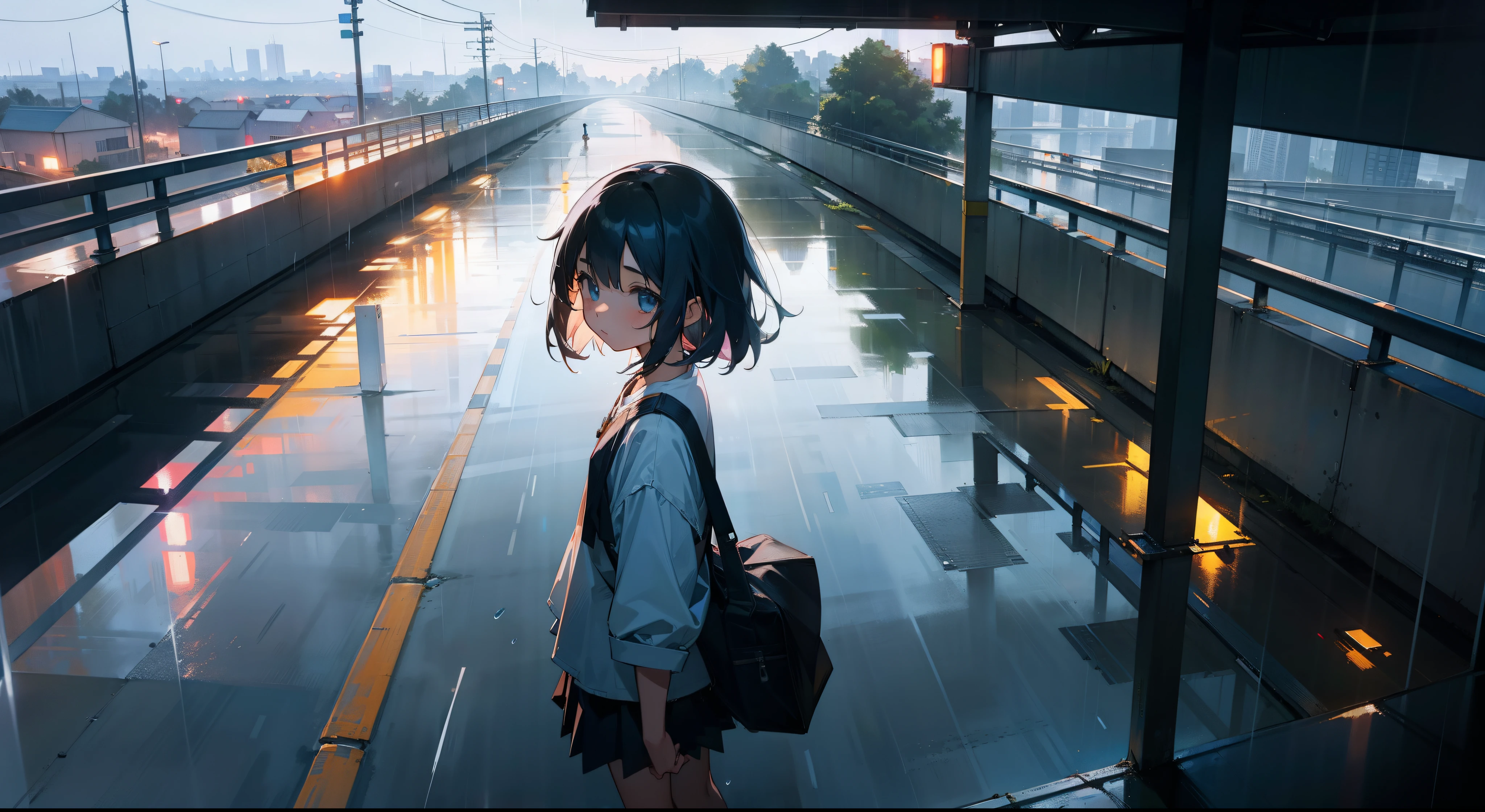 A little ??????? an overpass on the road,Evening,It just rained lightly,Clear air,Sunlight and rain above the road reflect on the buildings,Screen view from top to bottom,The background is ambiguous