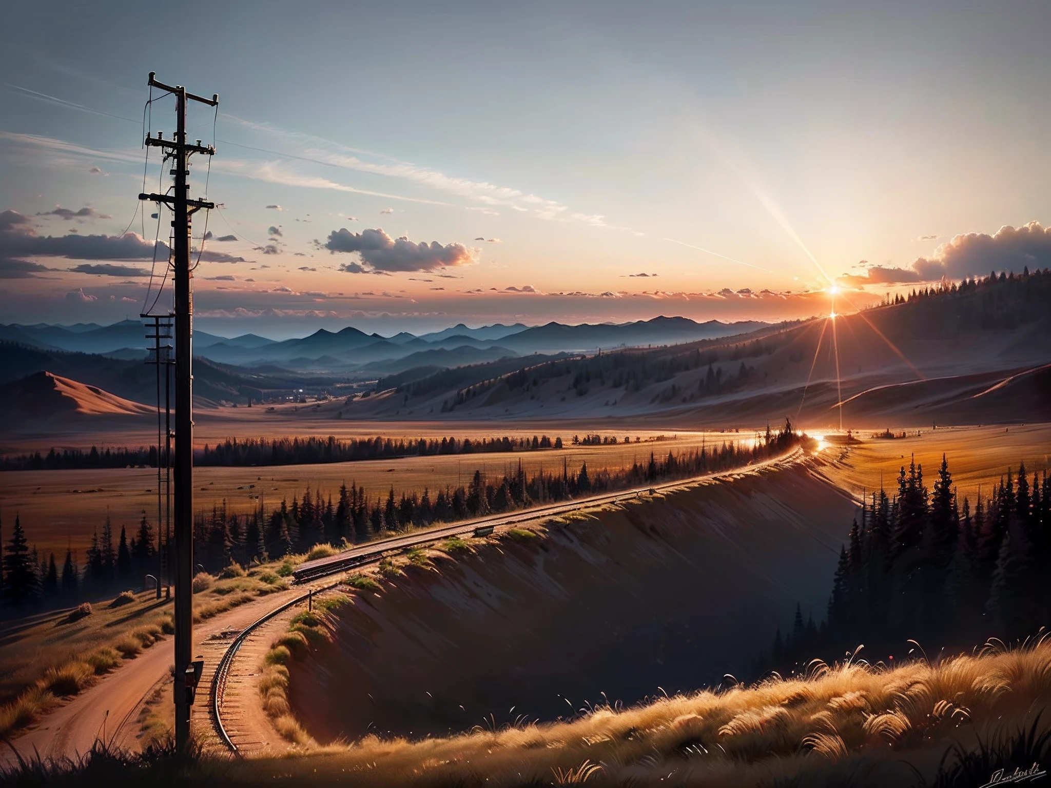 dusk train telephone poles sunset