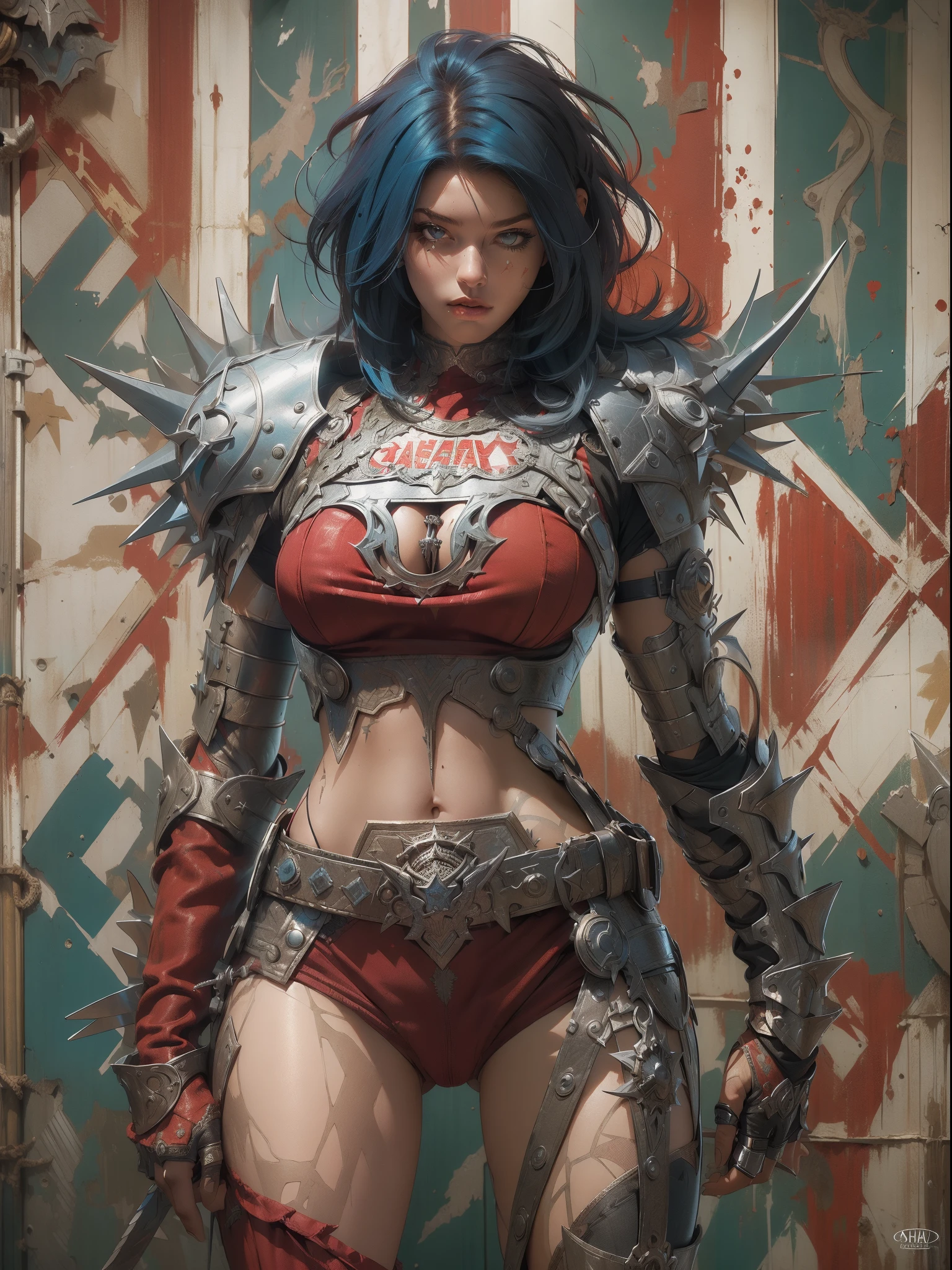 (((mulher))), (((melhor qualidade))), (((obra prima))), (((adulto))), (((1girl))), ((( corte de cabelo bob ))), Uma gladiadora cyberpunk mulher de 25 anos com corpo perfeito, shoulder pads with metal spines, Gladiadores do Brooklyn, (( corte de cabelo bob )), tiny leather panties, camiseta de time de rugby rasgada, quase nua no estilo selvagem urbano de Simon Bisley para a capa da revista Heavy Metal, Cabelo loiro curto, Minimum clothing, Metal protection on the left arm with intricate graphics, Dark red with white stars and zigzag striped pattern, azul marinho e branco, armadura, cheio de espinhos, (((do joelho pra cima))), cabelos loiro branco curto, no fundo uma parede pintada por Shepard Fairey com um design intrincado