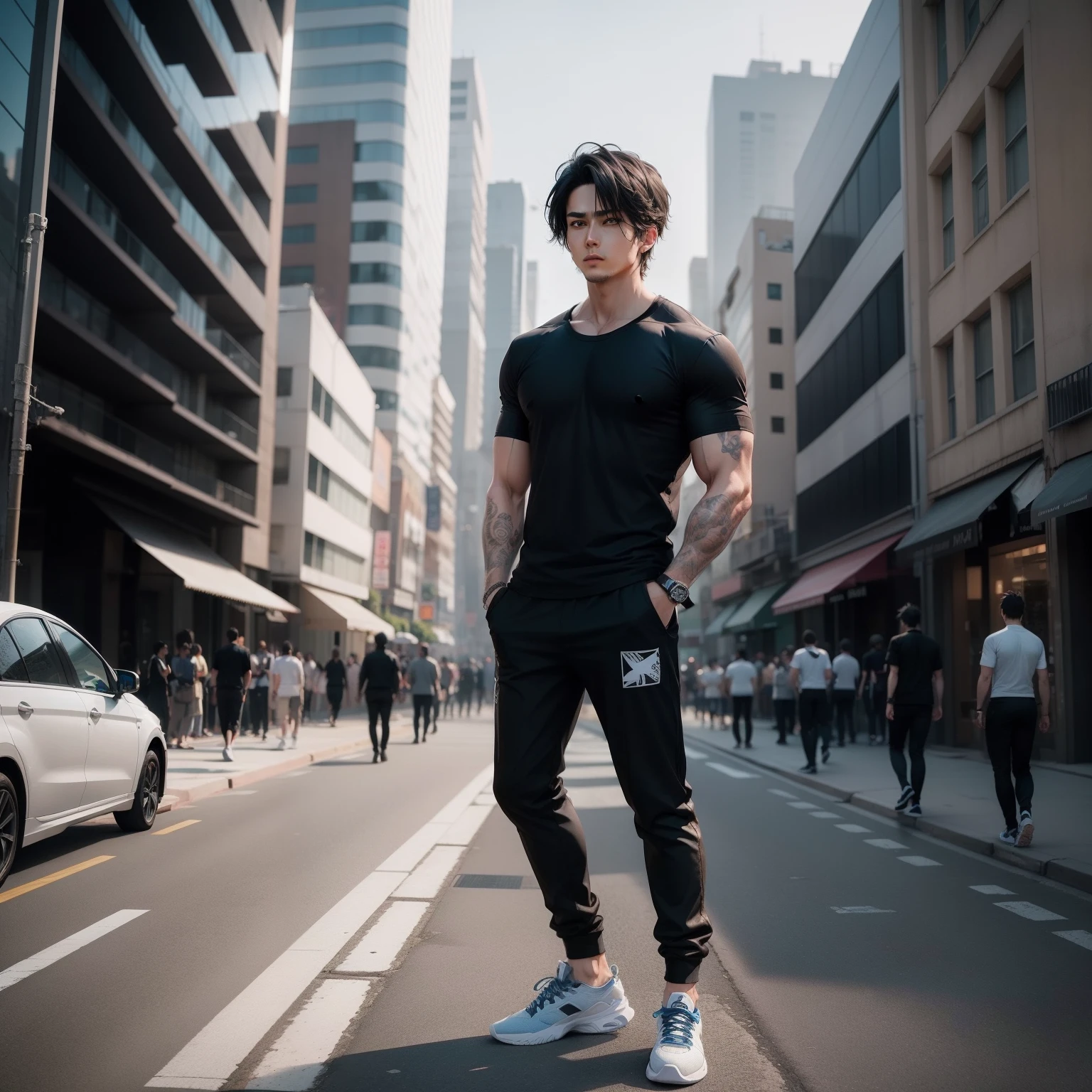 Man-anime black shirt and white pant and shoes blue stand on City see all people