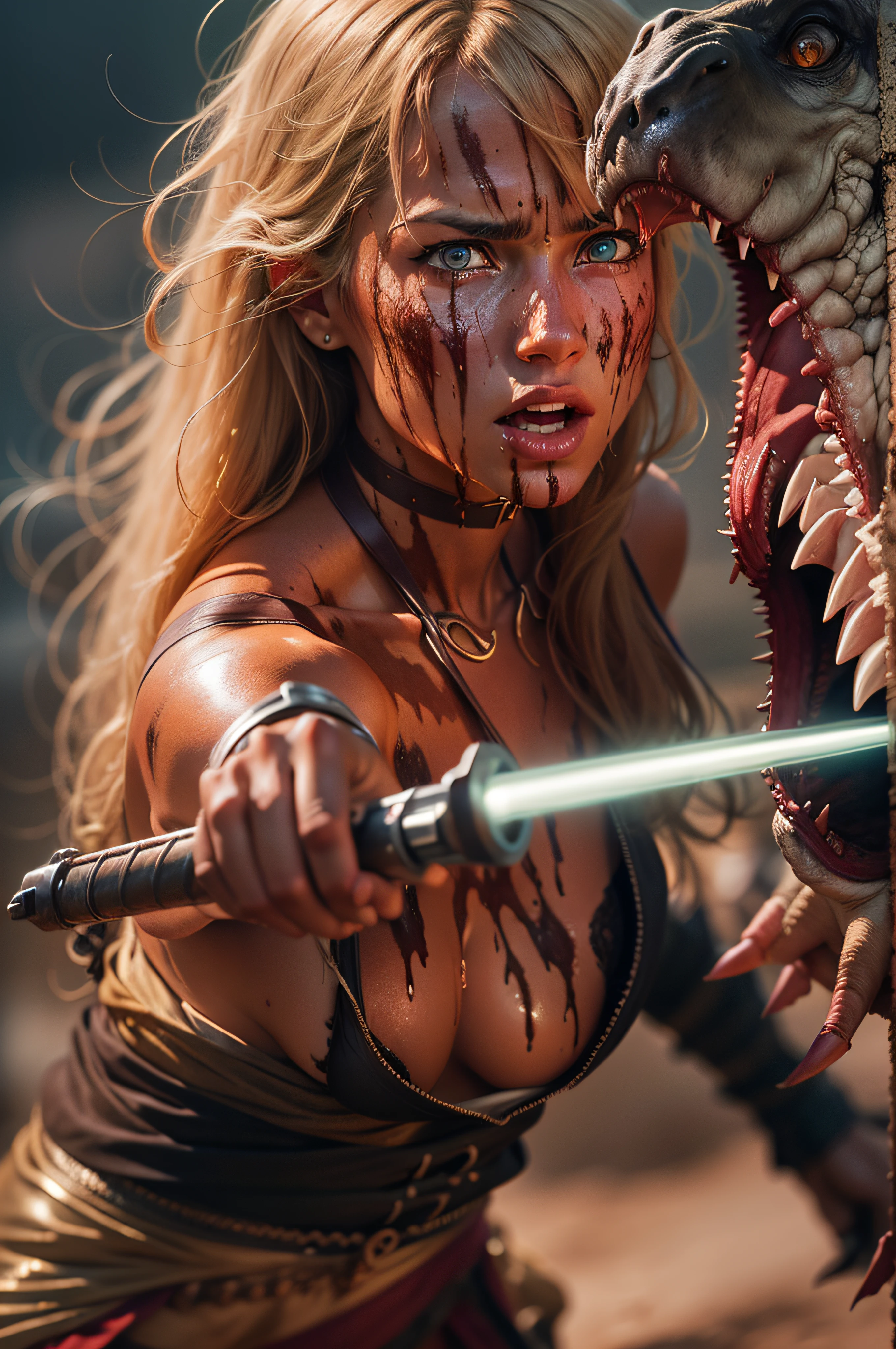 A naked tanned blond-haired woman warrior with dark brown , her skin is dripping with sweat and is dirty, filthy, and with large bloodstains, She has a deep bite wound on her left shoulder, dressed only in an animal skin loincloth, and an energy sword attacked by a tyrannosaurus. very dramatic, cinematic shot, shot from a movie, cinema composition shot, very detailed, high resolution, professional color, wonderful light, daylight, 300k resolution, highly realistic, lots of details.