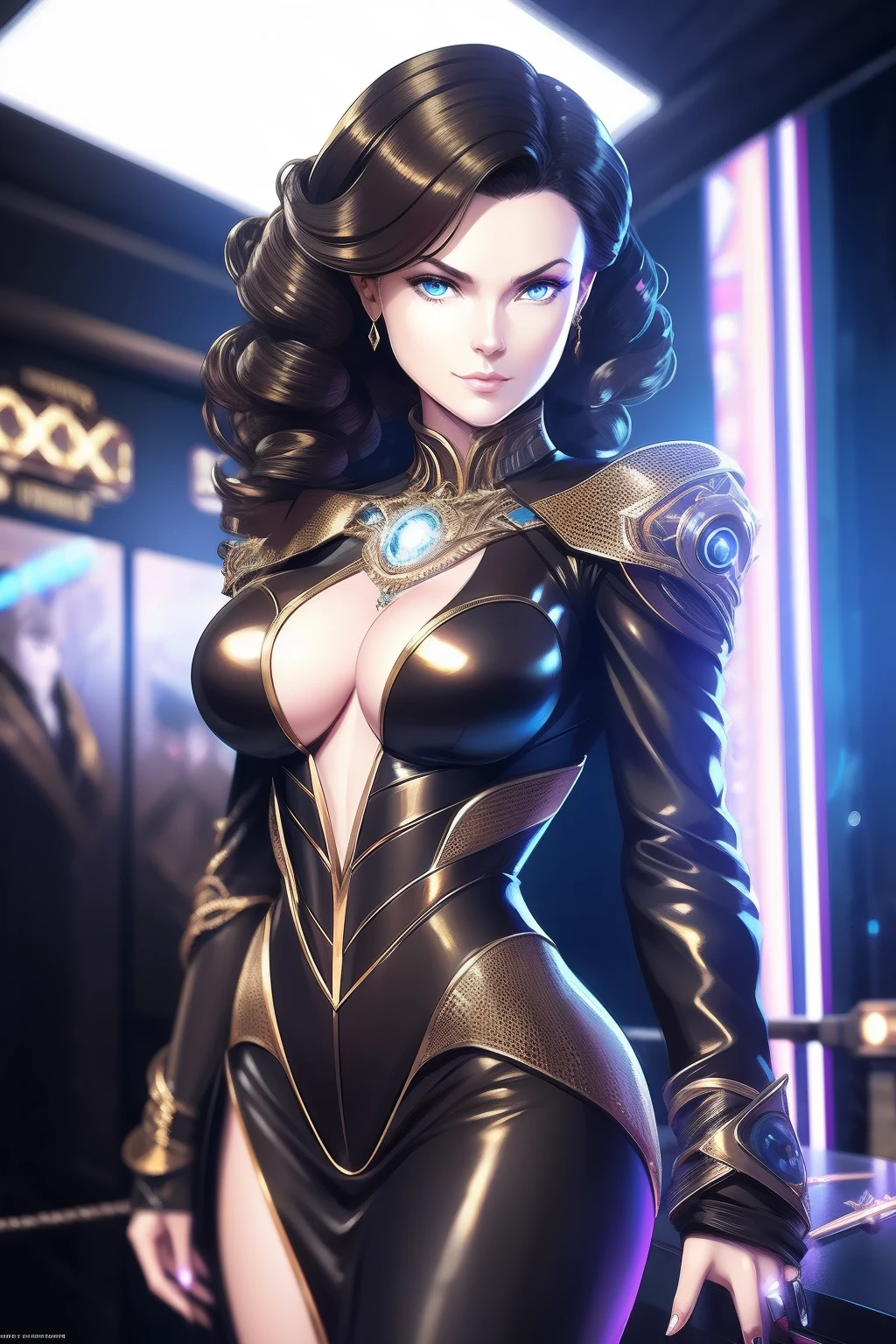 Futuristic portrait of American businesswoman with drill bit, Regal ring, Corkscrew curls, Sci-fi, techwear outfits, Glowing lights, Looking directly at, symetry, Depth of field, Intricate, elegant, Highly detailed, Digital painting, art stations, concept-art, smooth, Sharp focus, illustration, art of greg rutkowski, and Boris Vallejo