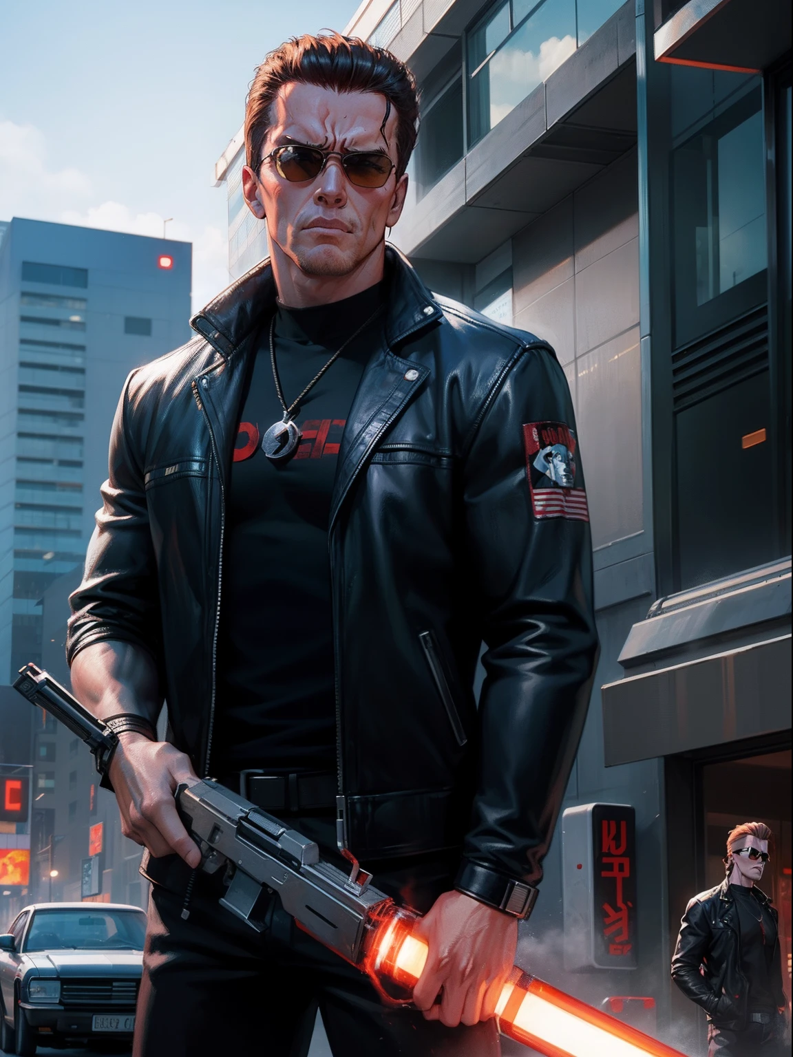 Uma cena dos filmes do Exterminador do Futuro, (melhor qualidade, 4k, Altas, master part:1.2), ultra-detalhado, (Realistic:1.37), Arnold Schwarzenegger como o personagem Exterminador do Futuro, musculoso e poderoso, usando uma jaqueta de couro, sun glasses, e botas de combate, with a stern expression on his face, holding a futuristic gun in his hand, Standing in a post-apocalyptic cityscape with crumbling buildings and smoke-filled skies, a sense of destruction and desolation in the background, Dramatic lighting with a mix of orange and blue tones, a sense of tension and danger in the air, A technological and futuristic vibe, with sparks and electrical effects around the Terminator.
