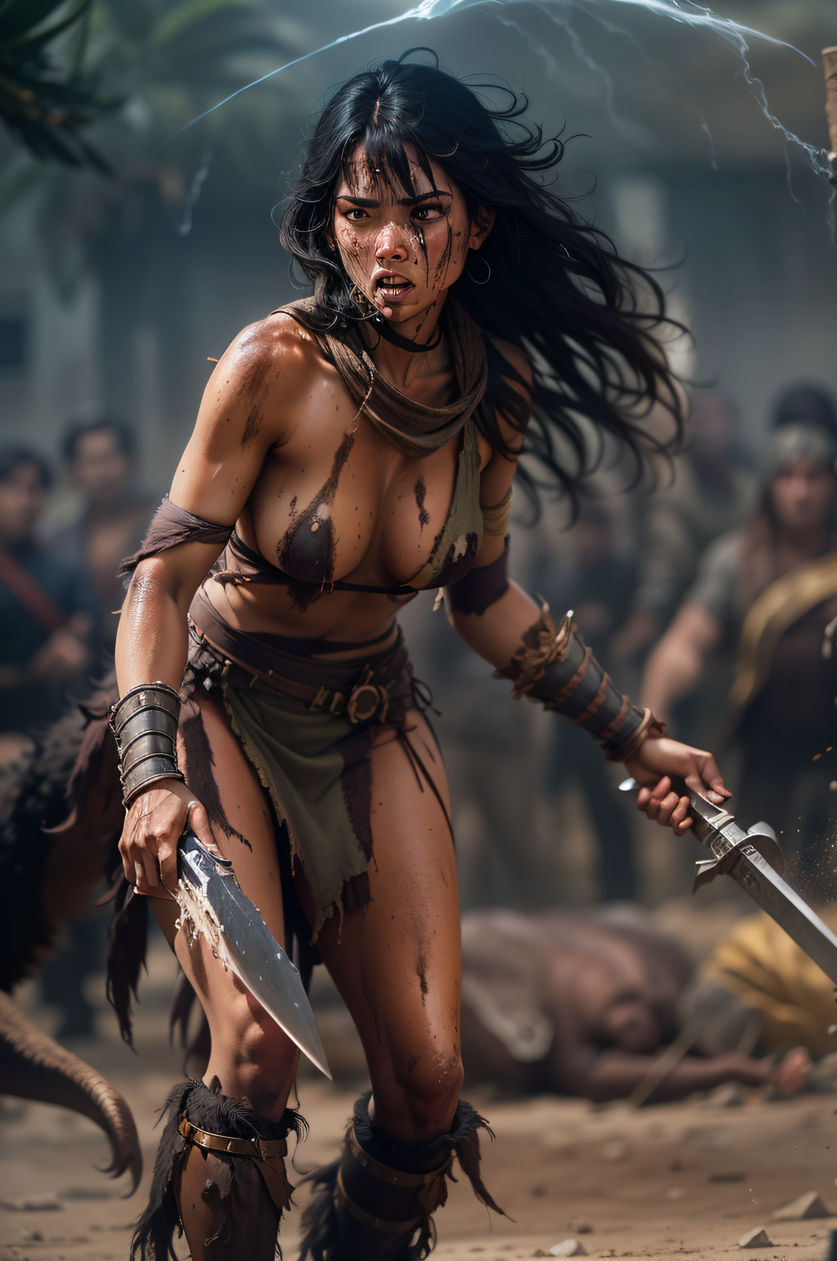 A naked tanned black-haired woman warrior with dark brown, her skin is dripping with sweat and is dirty, filthy, and with large bloodstains, She has a deep bite wound on her left shoulder, dressed only in an animal skin loincloth, and an energy sword attacked by a tyrannosaurus. very dramatic, cinematic shot, shot from a movie, cinema composition shot, very detailed, high resolution, professional color, wonderful light, daylight, 300k resolution, highly realistic, lots of details.