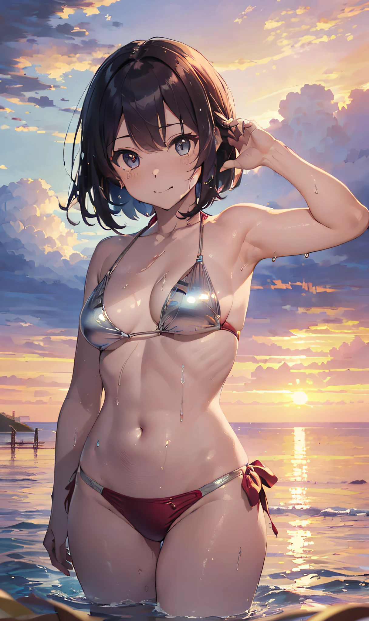 (Master masterpiece、The ultra -The high-definition、extremely fine and beautiful、Ultra-high power of 8 kilometers:2)、(Girl getting wet:1.4)、(looking at another:2)、(Clarity Metallic Deep Red Bikini:2)、(Transparent skin:1.6)、(short tail hair:1.8)、(Beautiful eyes:1.8)、、(Nominal body type)、(Glamorous:1.4)、(musculature:1.4)、(Thin thighs:1.6）、(Thin leg:1.6)、(A smile)、perfectly proportions，Correct anatomy、Good anatomy、(Sunset clouds:1.6)、(Dynamic Angle:1.6)、(sexypose:1.8)、（early evening:1.4）、(Evening sea:1.6)