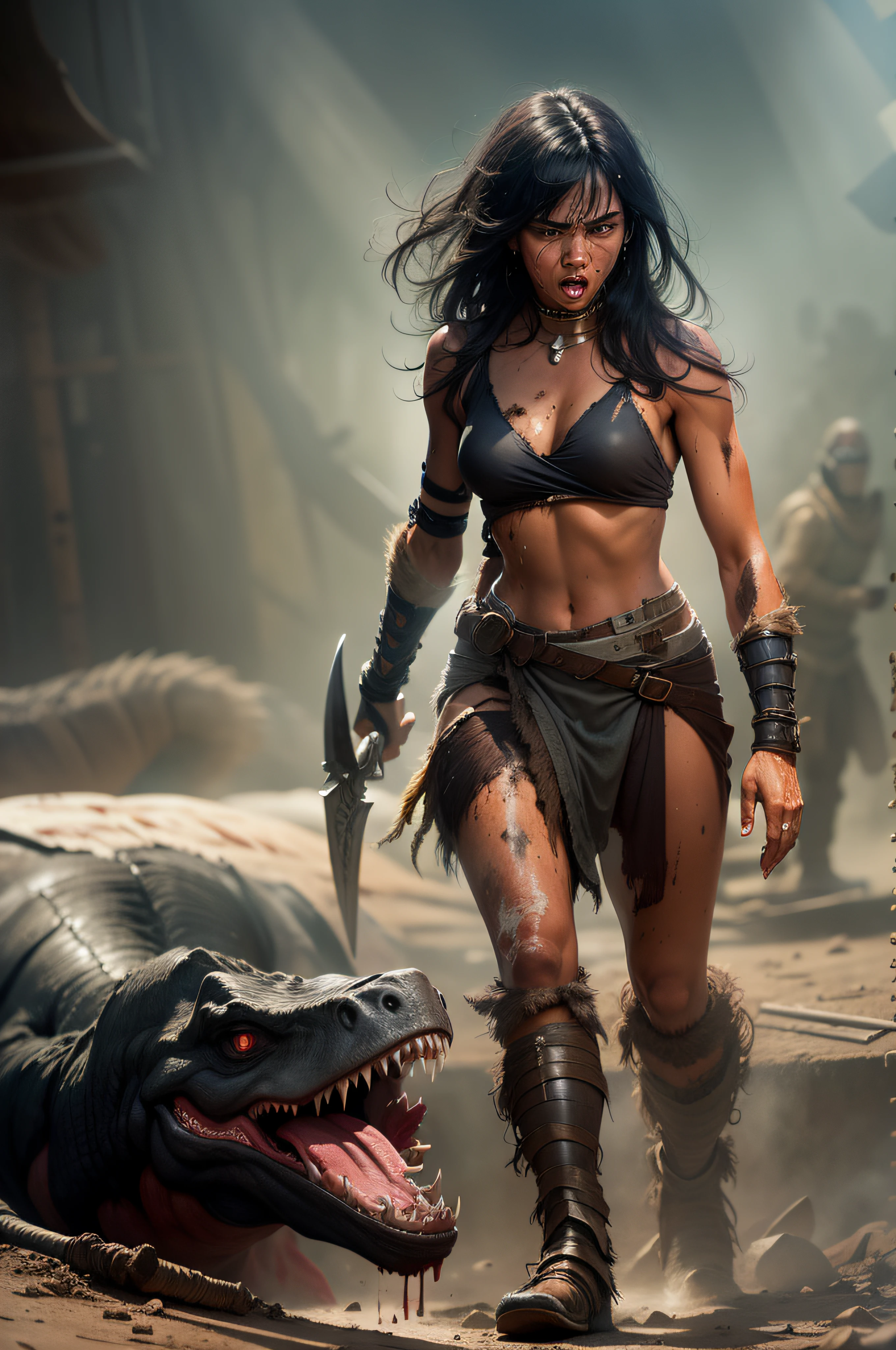 A naked tanned black-haired woman warrior with dark brown, her skin is dripping with sweat and is dirty, filthy, and with large bloodstains, She has a deep bite wound on her left shoulder, dressed only in an animal skin loincloth, and an energy sword attacked by a tyrannosaurus. very dramatic, cinematic shot, shot from a movie, cinema composition shot, very detailed, high resolution, professional color, wonderful light, daylight, 300k resolution, highly realistic, lots of details.