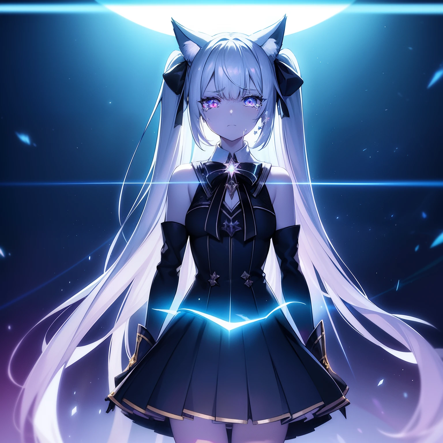 Cat's ears,Hair is silver with long twin tails,Her skin is pale, Breasts are very flat and the walls are, The rainbow blade enveloped me like an interstellar serpent,Unleash the Blade of Light, Highest Quality, girl in black skirt,magic wands, ((sad))((Crying with tears)), Moonlight,Lens Flare, Big rainbow,The moon shines,Star chips, bloom, ((light glow)), chromatic abberation], Digital Painting, Insane details, Intricate details, Beautifully color graded, Unreal Engine, Cinematic , colour grading, Editorial Photography , Photography, Photo Shot, Shot on 70mm lens, depth of fields, degrees of freedom, Tilt Blur, Shutter Speed 1/1000, A
