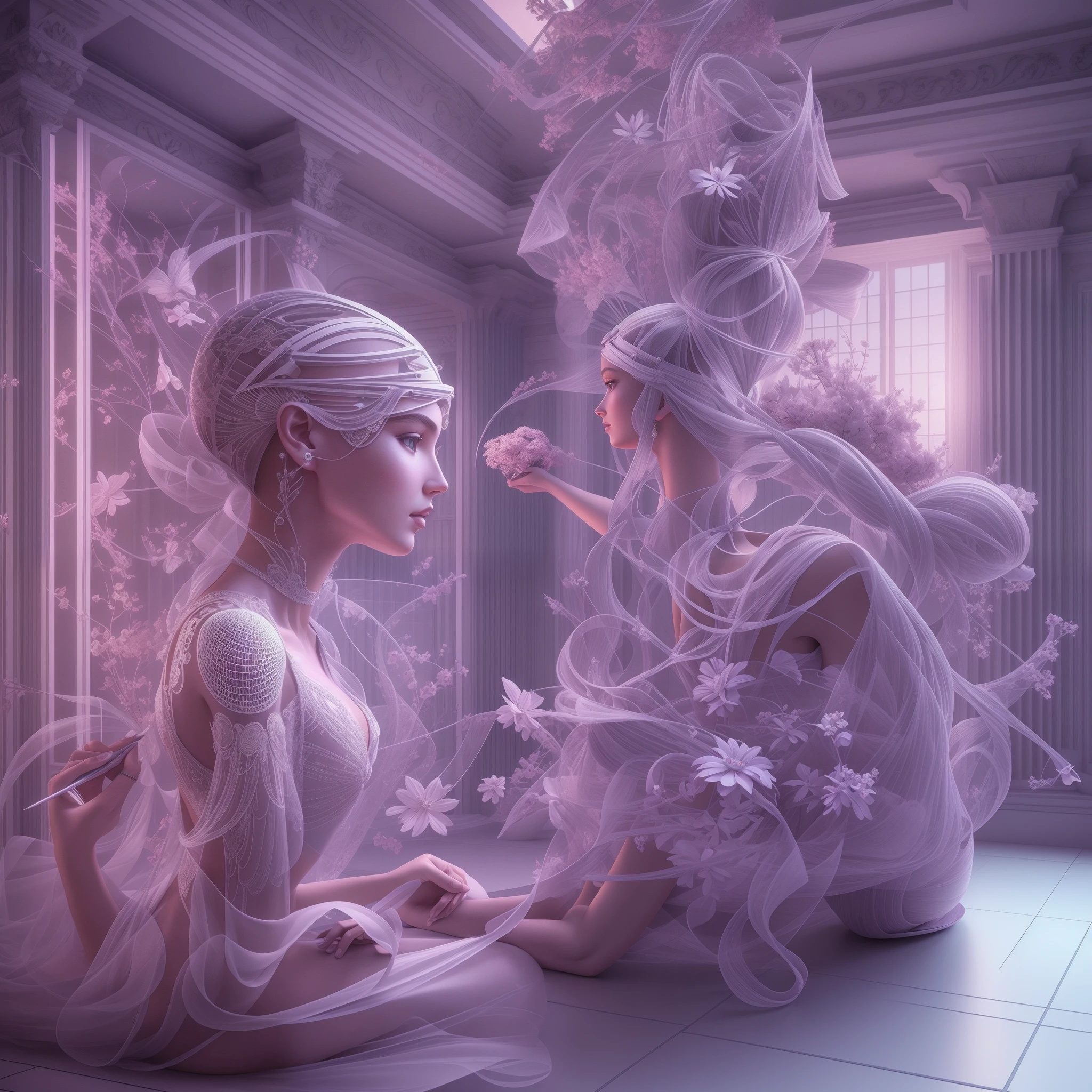 Unconventional 3D rendering works of art that no one would have thought of, innovation, depictions that touch the human psyche, unrealistic virtual spaces, near future, science fiction, high definition, high quality, delicate details, unparalleled beauty, 4D