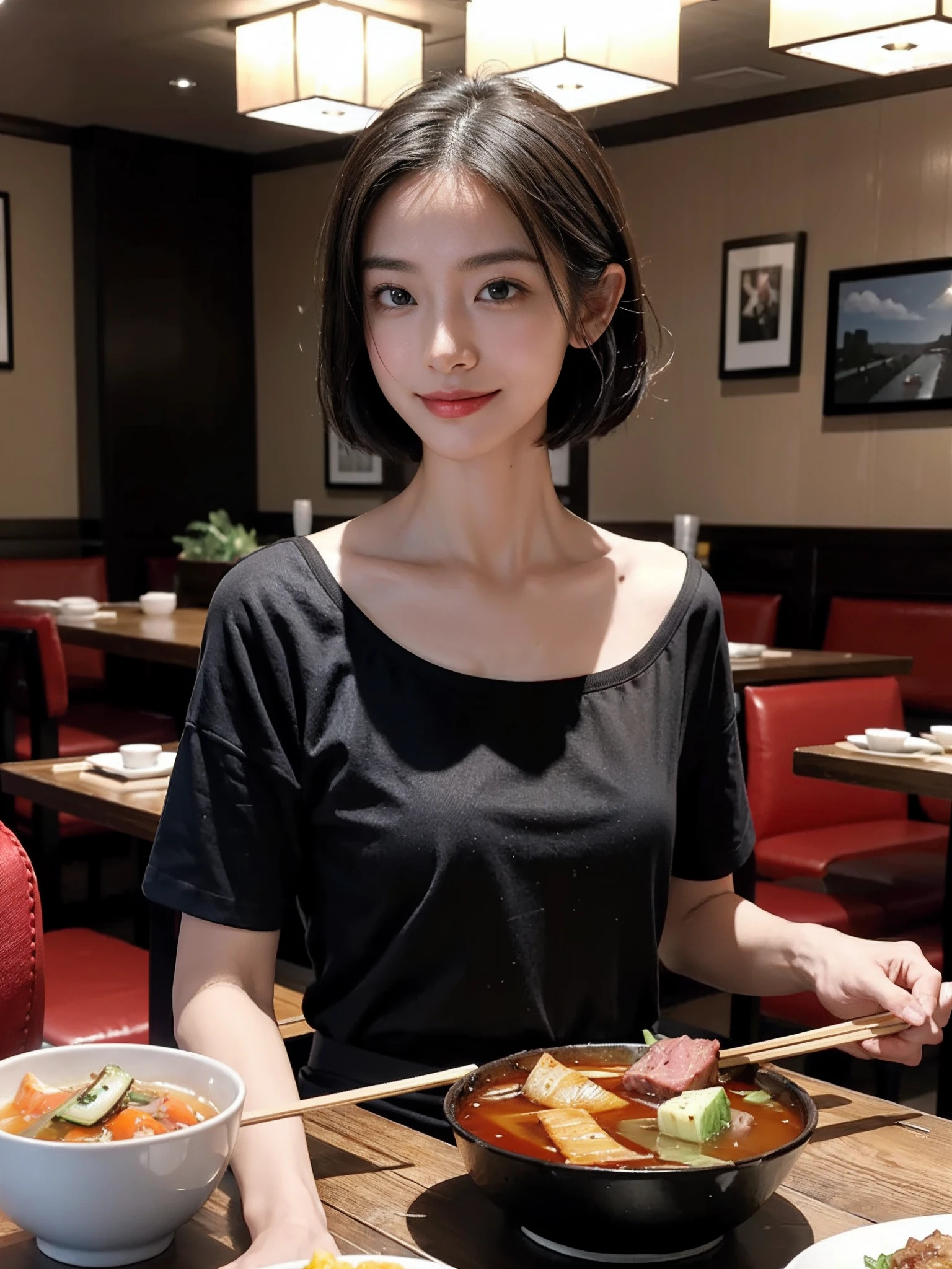 ((smallunderboob,Tomboyish,small heads)), (Well-defined abs: 1.1), (perfect bodies: 1.1), (short-length straighthair: 1.2), Black hair, upper body photos, attractive collarbone，（极其细致的CG 8k壁纸），（Extremely refined and beautiful），（Masterpiece），（best qualtiy：1.0），（超高分辨率：1.0），beautiful light up，Perfect lightning，realistic shaded，[A high resolution]，Smooth and flawless fair skin，ultra - detailed ，Elongated legs，flatchest，Slim，emaciated，Smile，cheerfulness，（Black short-sleeved T-shirt:1.1），（Blue checkered maxi skirt：1.1），White sandals，Summer，night，At the hot pot restaurant,A bustling restaurant，warm  lights，Sitting on a chair by the dining table，Close-up，Double-flavor hot pot，A plate of vegetables，Two plates of meat，A cup of  tea，saucer，bowl，chopsticks in the right hand，having dinner
