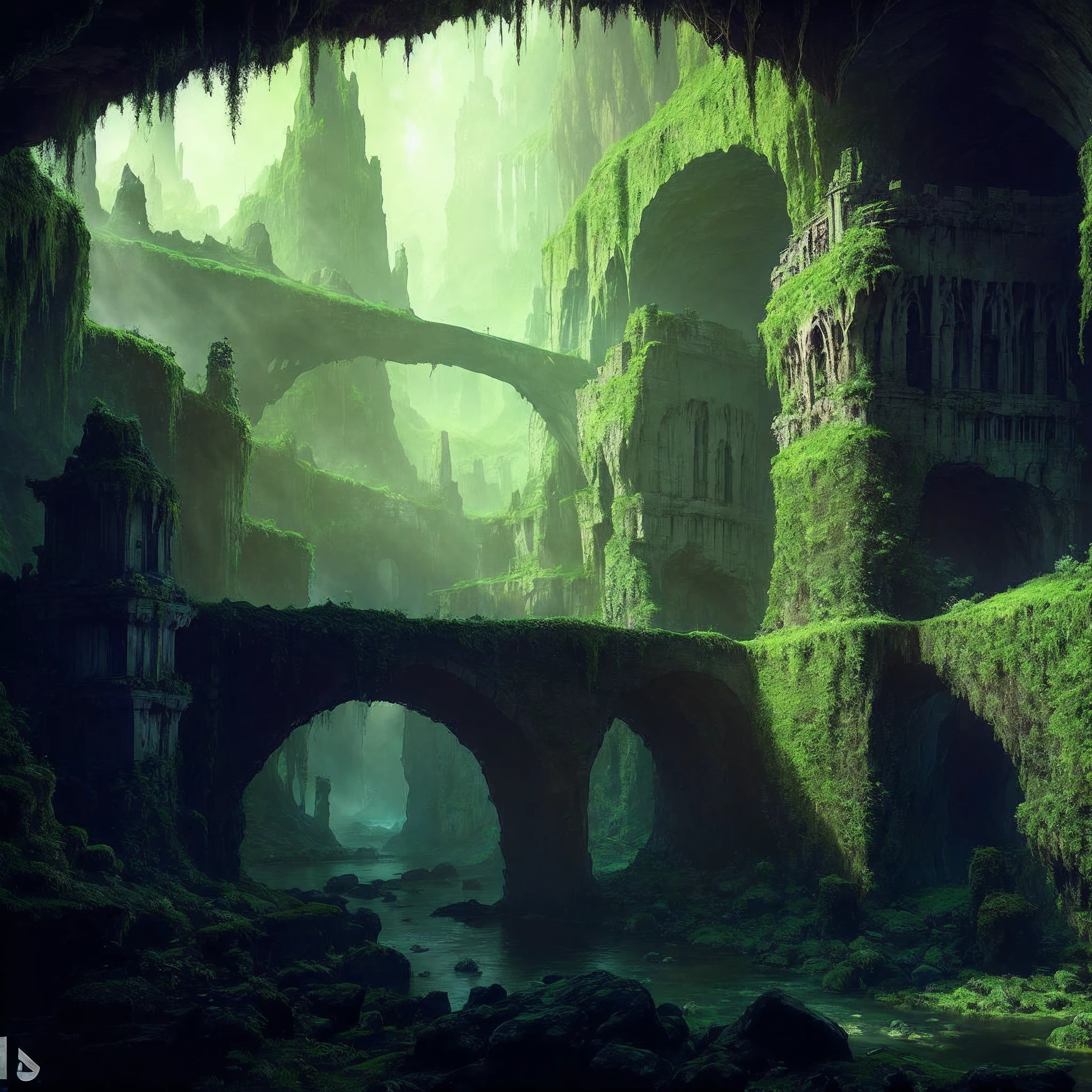 arafed image of a cave with a bridge and a waterfall, lush alien landscape, fantasy environment, dark fantasy environment, impressive fantasy landscape, alien environment, beautiful fantasy cave scene, fantasy overgrown world, intricate environment, atmospheric fantasy setting, mossy ruins, matte fantasy painting, inspired by Andreas Rocha, medieval fantasy landscape, ancient magical overgrown ruins
