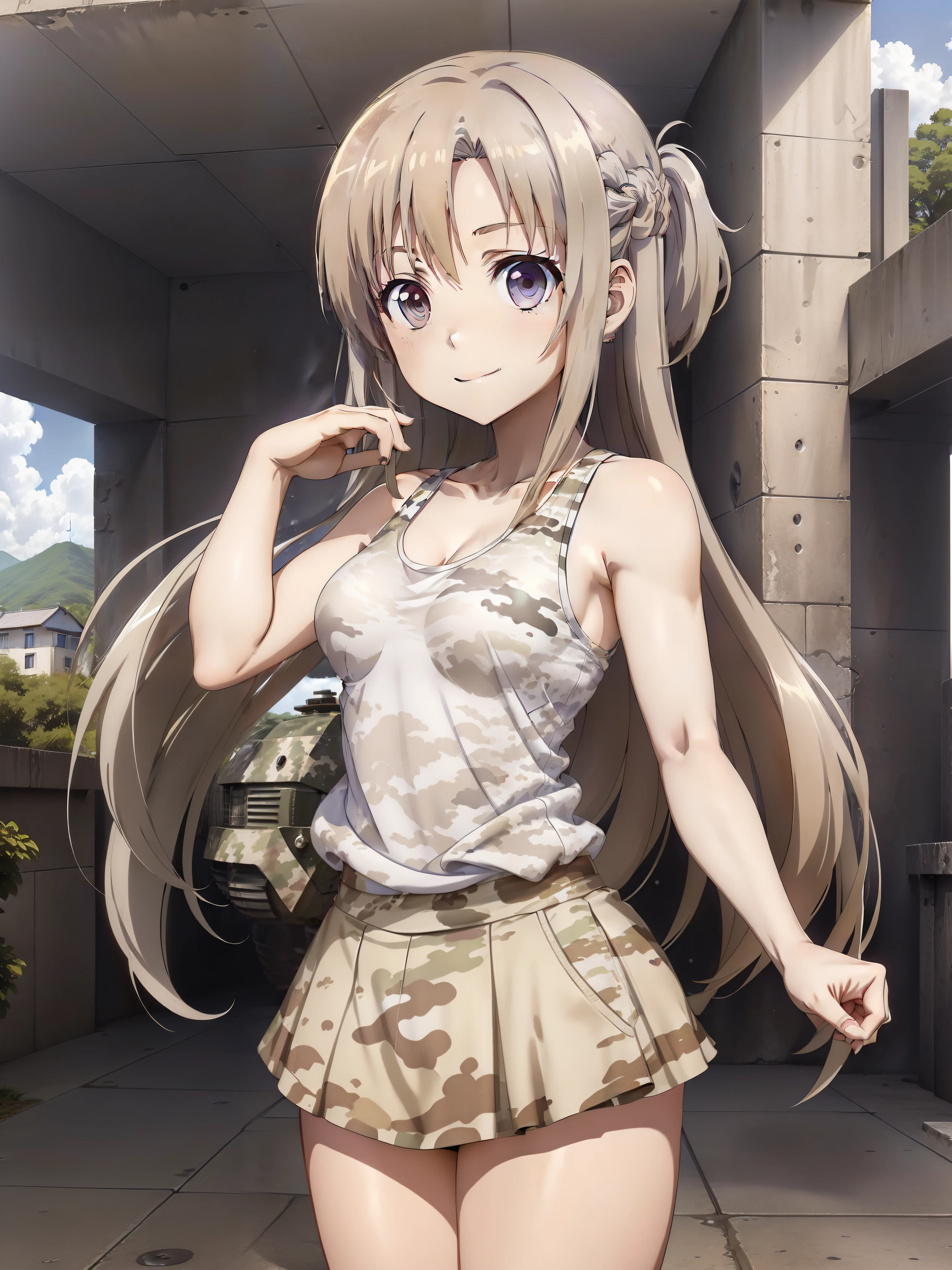 masterpiece,top-quality,Top image quality, (Chibi Anime Girl:1.4),1 persons,((Camouflage pattern short tank top)),(Camouflage super miniskirt),White panty,Sexy hip line,stright long hair,(Silver White Hair Purple Eyes,A smile,simple background,Beautiful girl seen from a distance,Sunshine,Natural glare,