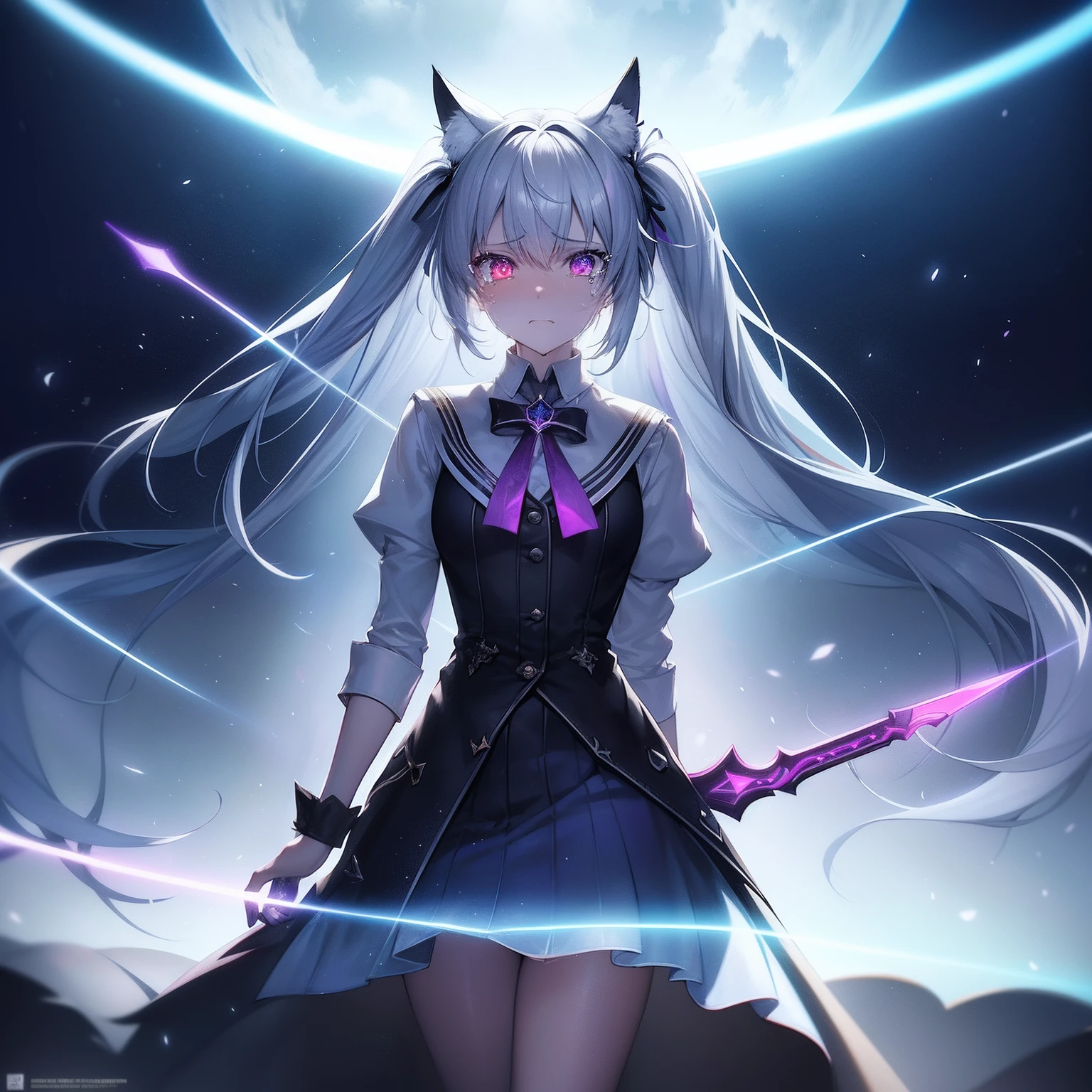 Cat's ears,Hair is silver with long twin tails,Her skin is pale, flat chest, The rainbow blade enveloped me like an interstellar serpent,Unleash the Blade of Light, Highest Quality, Schoolgirl in black skirt,magic wands, ((sad))((Crying with tears)), Moonlight,Lens Flare, Big rainbow,The moon shines,Star chips, bloom, ((light glow)), chromatic abberation], Digital Painting, Insane details, Intricate details, Beautifully color graded, Unreal Engine, Cinematic , colour grading, Editorial Photography , Photography, Photo Shot, Shot on 70mm lens, depth of fields, degrees of freedom, Tilt Blur, Shutter Speed 1/1000, A