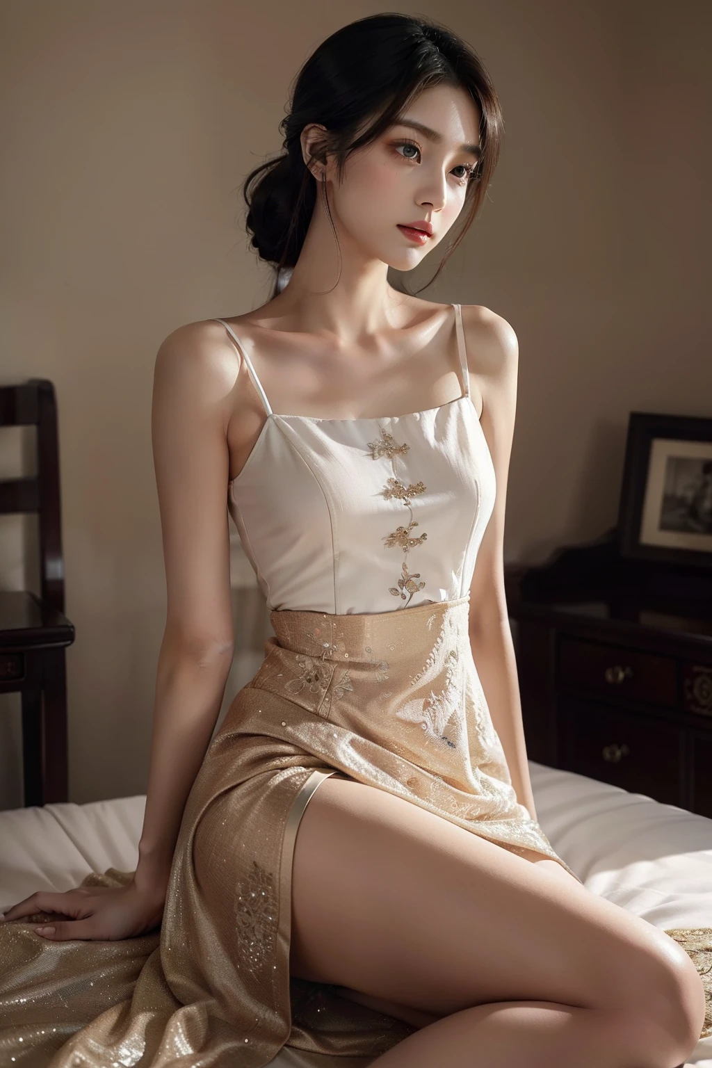 ((cowboy shot), Shot from a random perspective, ancient chinese beauti, In the bar, Sit Pose, Leaning against the bar, posed for photo, ellegance, dignified, slim, Slimming the waist, curlies, period costume, Hanfu, Tang suit, ((white skirt, Floral)), cropped shoulders, China-style, Floral, Pattern, Long brownish-yellow hair, Beautiful hairpins, slender leg, pretty legs, Cross ed leg, warm lights, Warm tones for the night, rays of moonlight, tmasterpiece, best qualtiy, offcial art, rich details, Clear face, Professional lighting, フォトンマッピング, ラジオシティ, Physically-based rendering, 耳Nipple Ring, choker necklace, Hairpins, Heavy makeup, Gorgeous makeup
