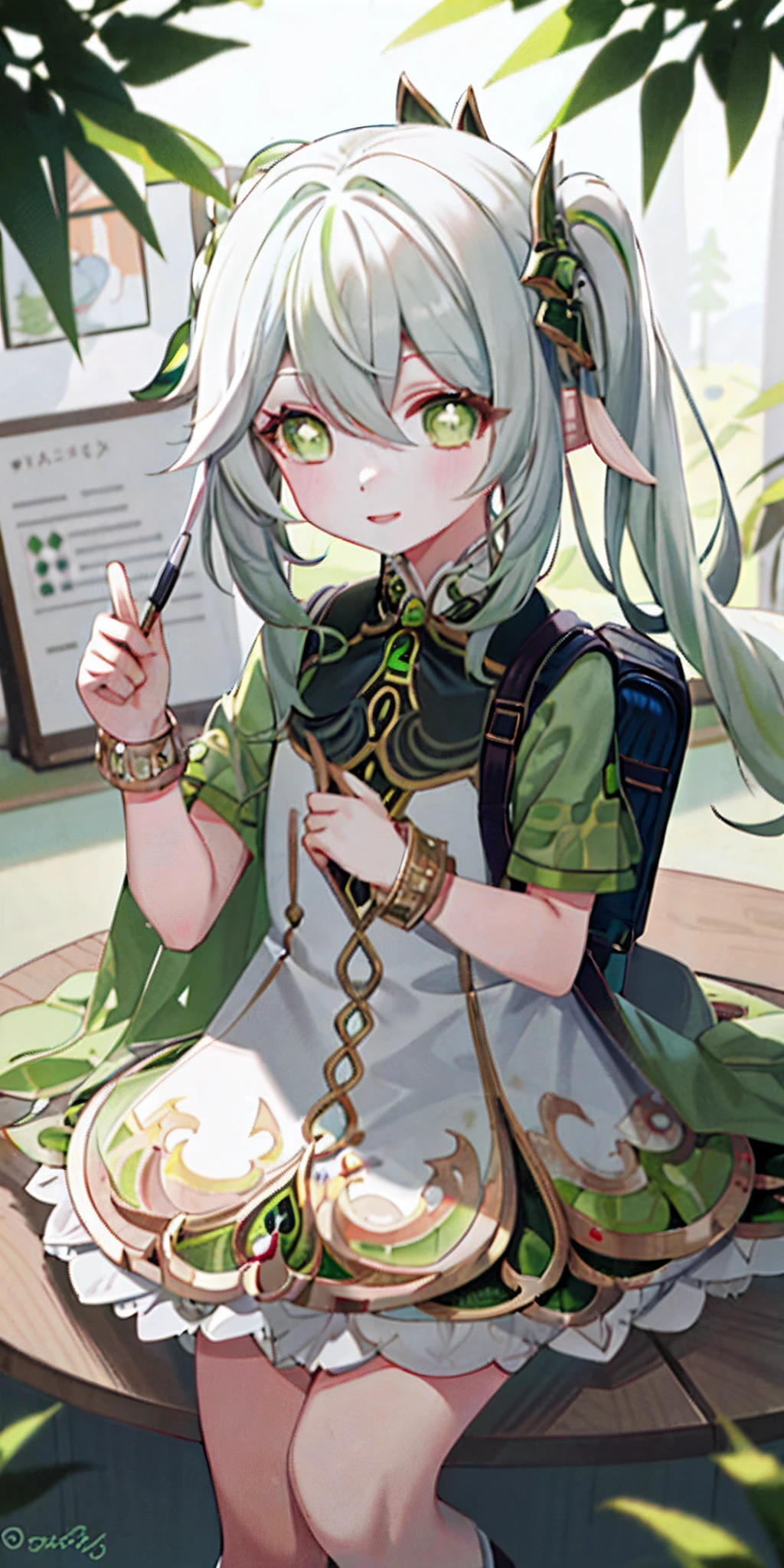 tmasterpiece,best qualityer,1girll,Solo,Nahida_Genshin,Chinese students,((Chinese school uniform)),Green eyes,More details about the eyes,((bookbag)),Female Student,Hair is whiter,Green hair,(one pencil on hand)