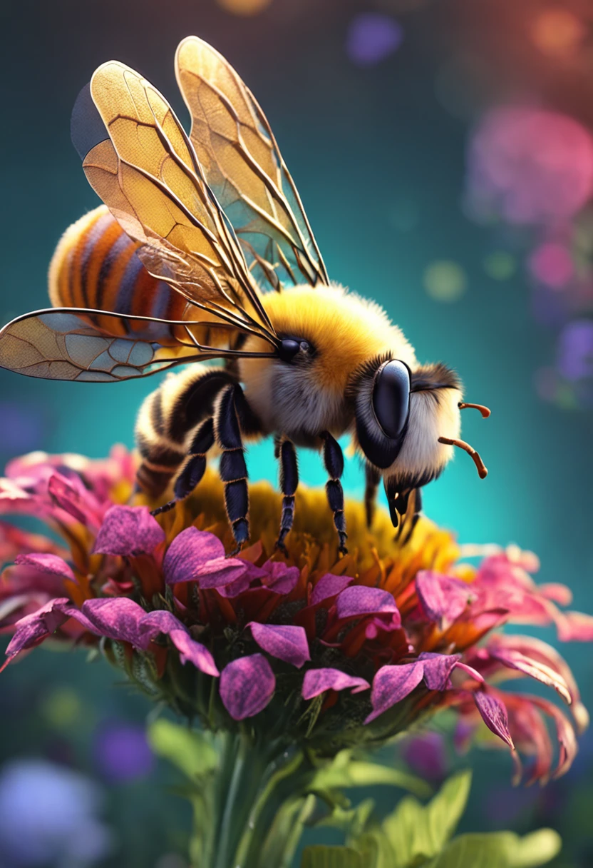 Super cute female honeybee, Bright eyes, The face is human, the body is a bee、Glossy and delicate,(Background of the flower garden), Good luster, 3d rendered,Best Quality、The Adventures of Arya the Bee Where There Is、There was a small bee named Arya。Arya、I loved to have fun and play in the flower garden。