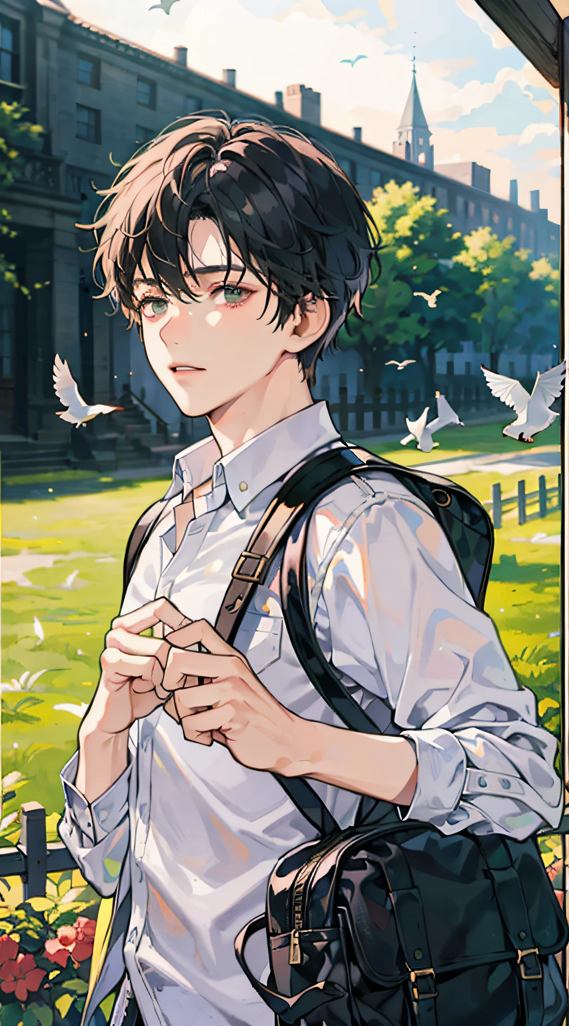 Masterpiece, Best quality, 1boy, Male focus, Handsome, residential area, fence, Spindle tree, Afternoon sun, The way home from school, school uniform, Backpack, Flock of Birds, From the immediate side, Depth of field , looking to the camera